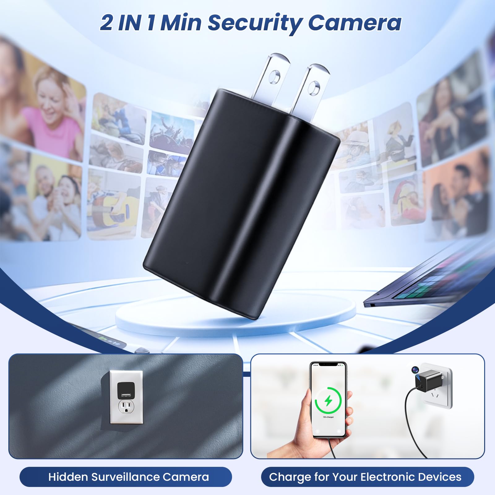 Cámara oculta 1080P WiFi cargador USB cámara espía cámara – Cámara de niñera con visión nocturna y detección de movimiento, cámara de seguridad inalámbrica pequeña interior para el hogar/bebé