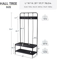 Vista 2 de Allewie Perchero para zapatos, árbol de pasillo independiente de 75 pulgadas, banco de entrada con estantes de almacenamiento, asiento tapizado