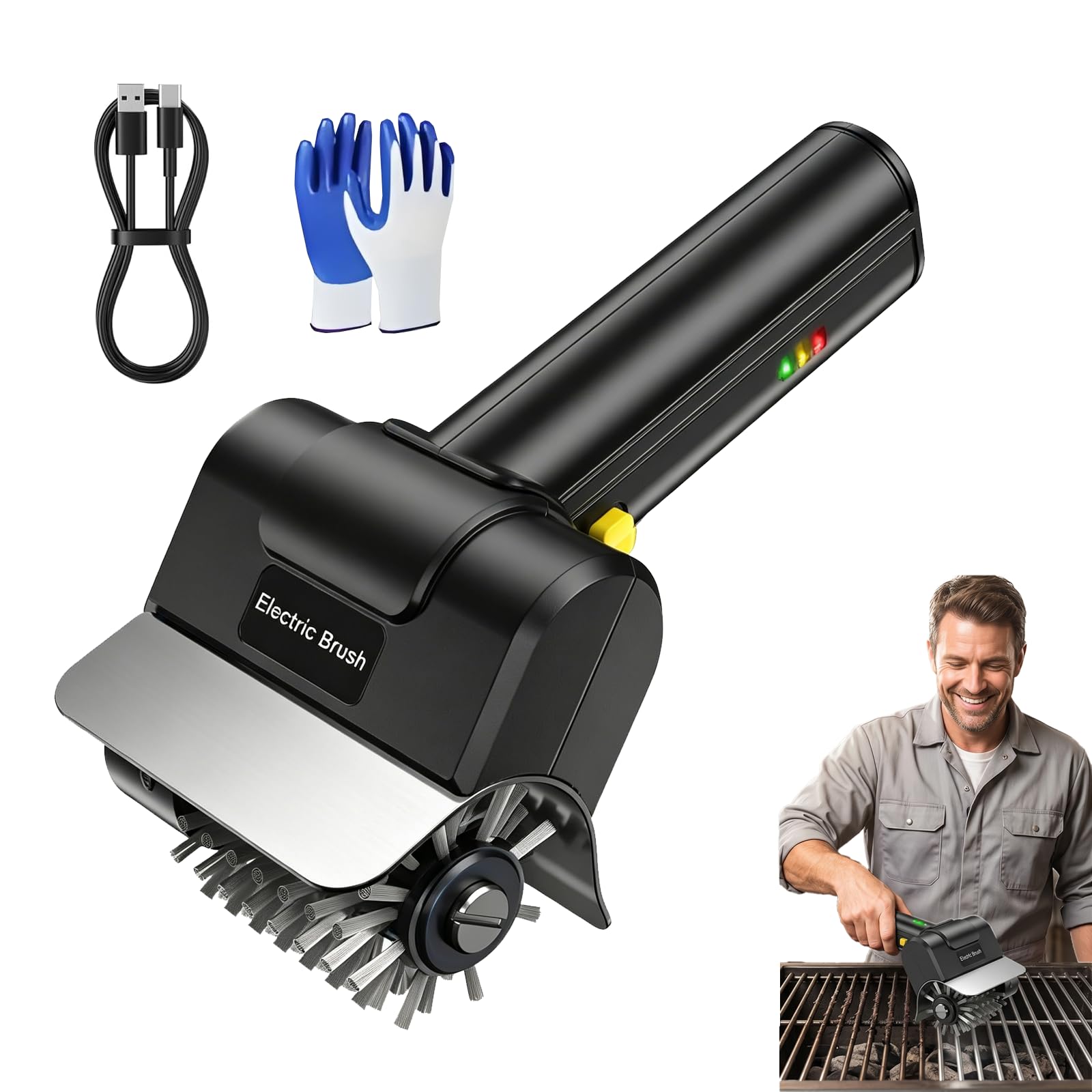 2026 Upgraded Electric Grill Brush,Stainless Steel Brush Head,1500 RPM, 2000mAh, Usage Time 100 minutes,Waterproof Cordless Quiet Rechargeable BBQ Cleaning Brush for Barbecue Grates (Black)