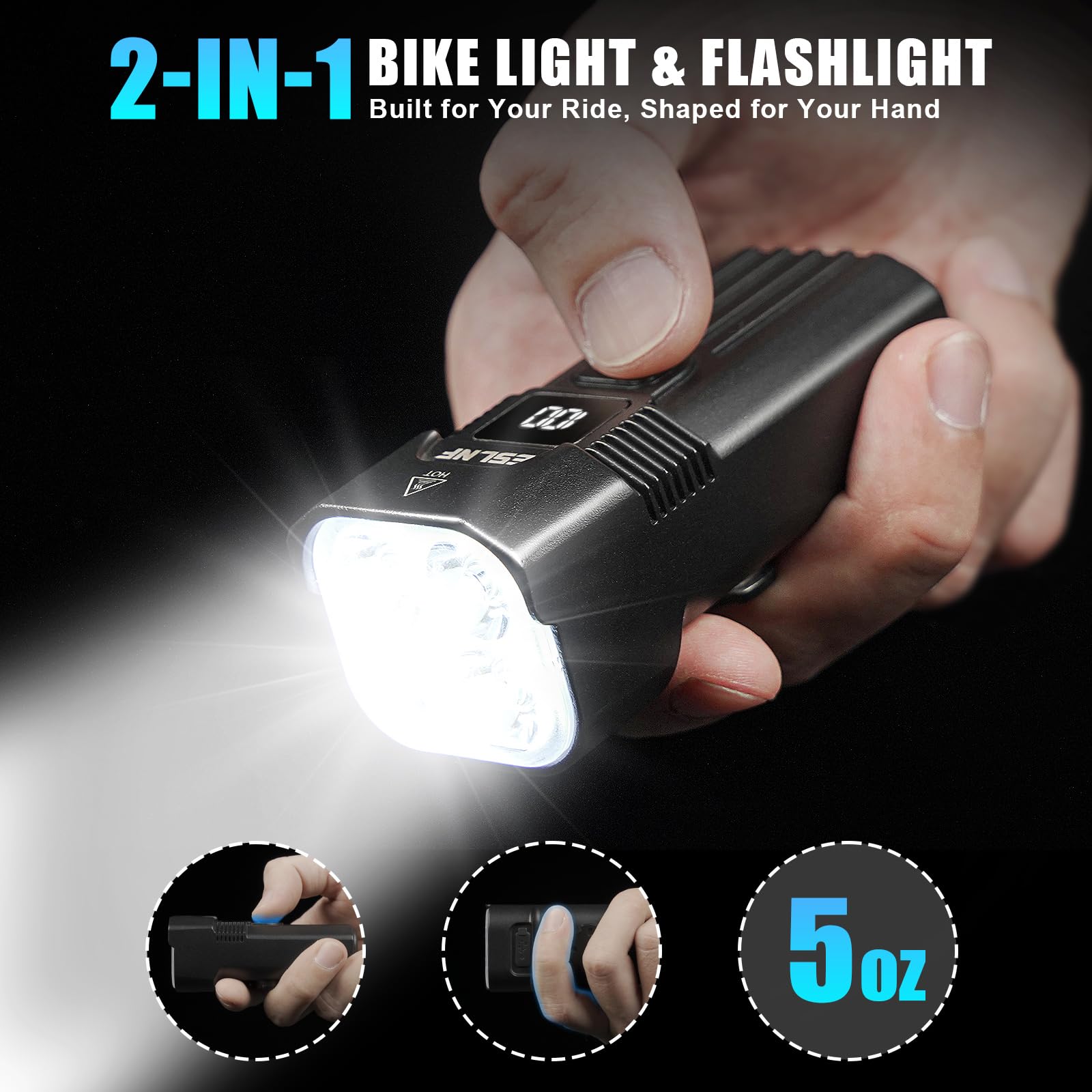 Luci per bici luminose, 2000 lumen, luci per bici per guida notturna, robusta luce per bicicletta in lega di alluminio, impermeabile IP65 e faro ricaricabile tramite USB