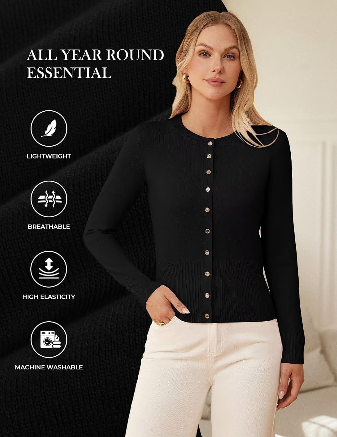 GRACE KARIN Women's Lightweight Fall Cardigan, Long Sleeve Knit Crop Sweater Trendy, Button Open Front Crewneck Jacket - Image 5