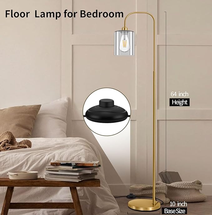 lumsic Floor Lamps for Living Room, Industrial Floor Lamp for Bedroom, Modern Standing Lamp with Bulb, Foot Pedal Switch Tall Lamp,Glass Lampshade Minimalist Tall Pole Lamp for Office,Nursery (Gold) photo 3