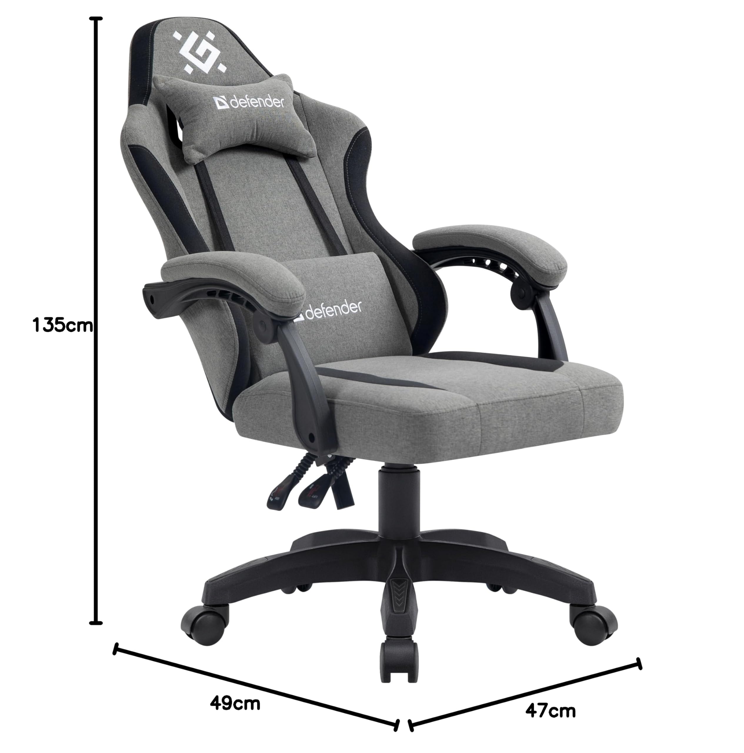 Defender Gaming-Stuhl Lumen, Bürostuhl, ergonomischer Computerstuhl mit Kopfstütze, verstellbares Lendenkissen, höhenverstellbar, hochdichter Schaumstoff, Stoff, grau/schwarz