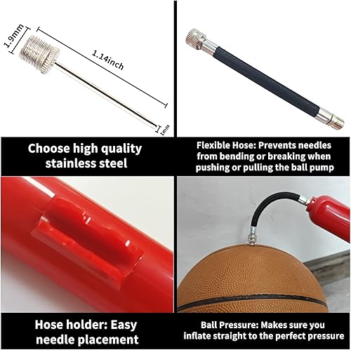 Miniatura 10 de Bomba de bola deportiva portátil de ejercicio de mano para pelotas deportivas, bomba de baloncesto de doble acción inflada con 3 agujas de bola y 2