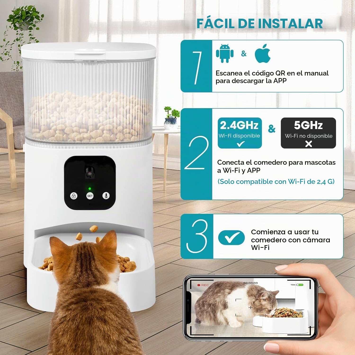 Comedero Gato Automatico con Cámara, 3L Dispensador Comida 2,4G WiFi+Bluetooth Comedero Automatico Gato, Función Temporizador y Grabadora de Voz