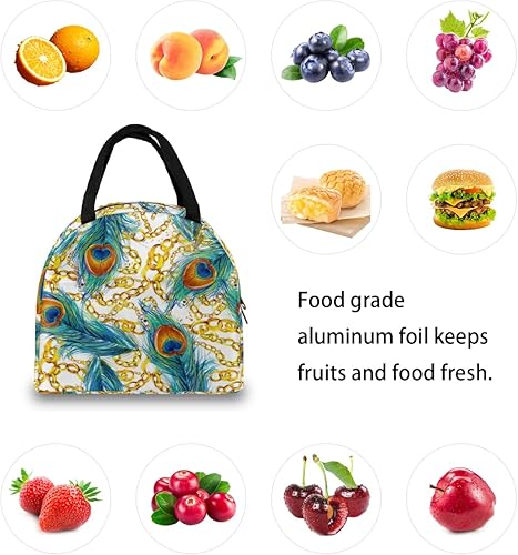 Miniatura 7 de Peacock Feather Lunch Tote Bag for Women Adult Men Gold Chains Insulated Lunch Box Small Leakproof Cute Lunchbox Cooler Bag Reusable Lunch Bag for