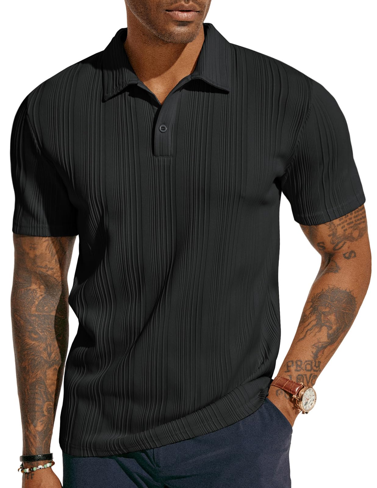 Mens Textured Knit Polo Shirts Regular Fit Stretchy Golf Shirts