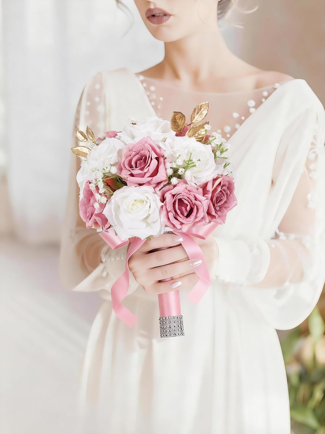 Wedding Bouquets for Bride & Bridesmaid, 9 Inch Artificial Rose Bridal Bouquet, Ivory White & Pink Silk Flowers for Wedding Ceremony, Church, Party Decoration (White Pink)