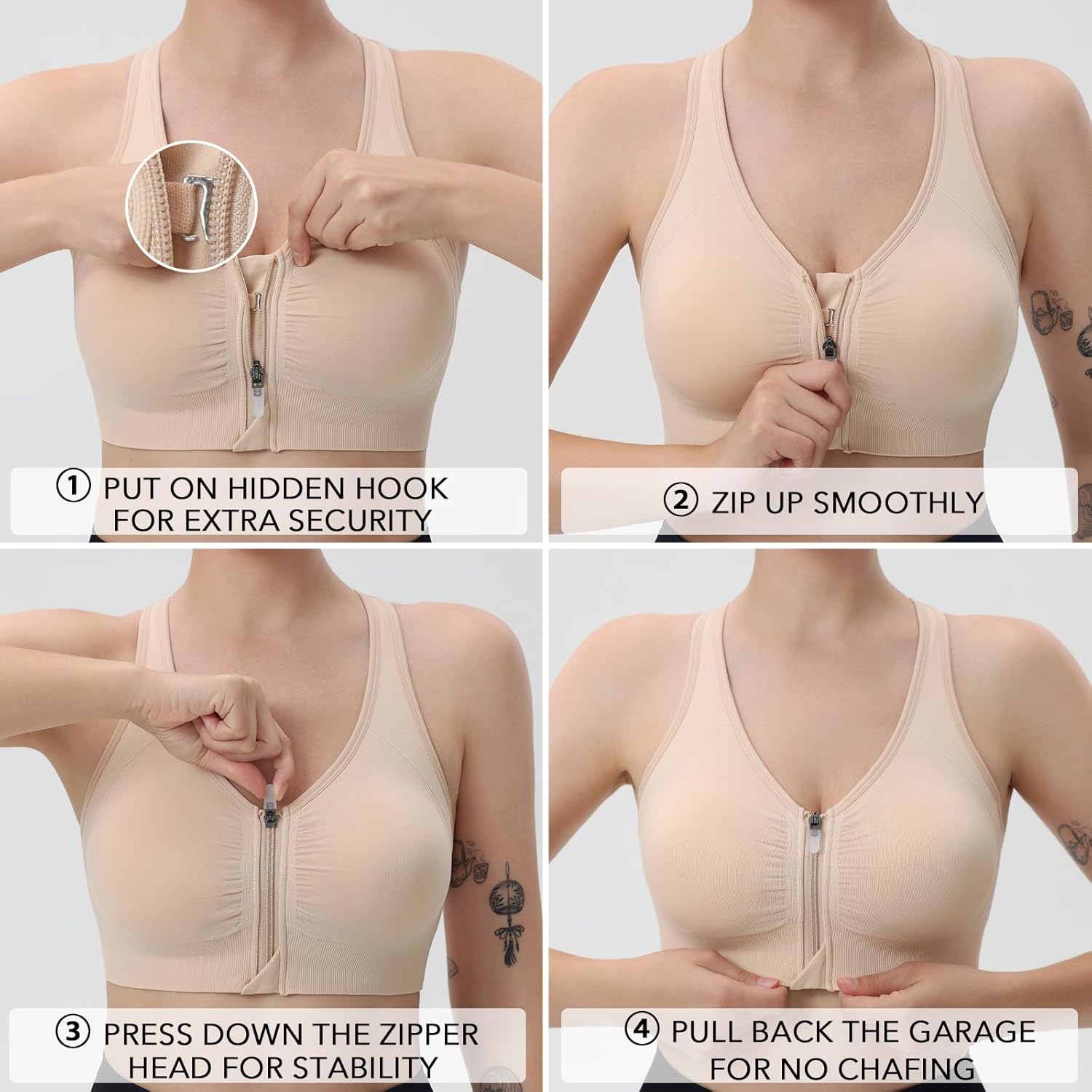 Evercute Women's Zip Front Sports Bras Wireless Padded Racerback Medium Support Post-Surgery Bra Yoga Exercise Athletic Bras