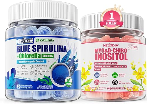 Gomitas de inositol con aceite de onagra para mujer + gomitas orgánicas de espirulina azul