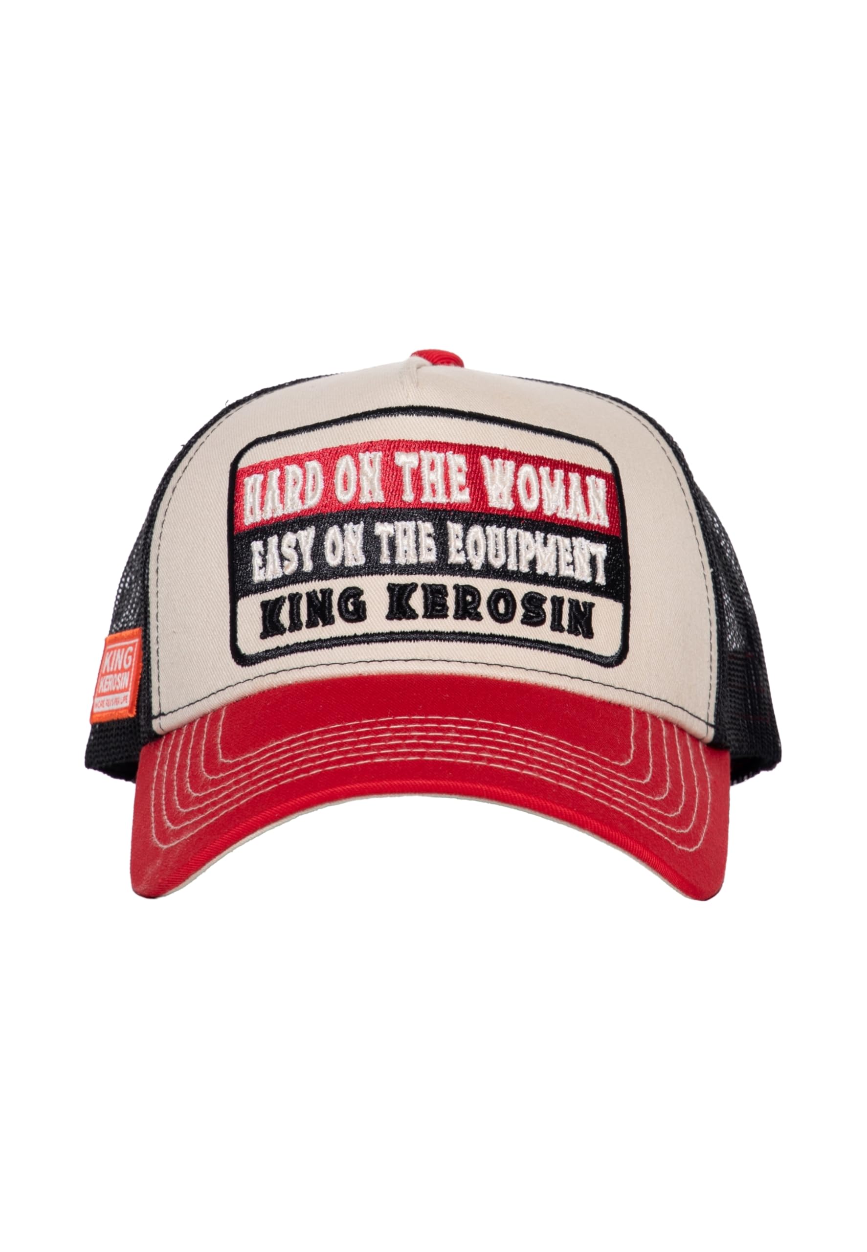 King Kerosin Męska czapka z daszkiem Trucker Mesh z naszywką · Retro czapka Snapback z wkładką z siatki, zakrzywionym daszkiem i regulowanym zapięciem · oddychająca i stylowa czapka Hard On The Woman