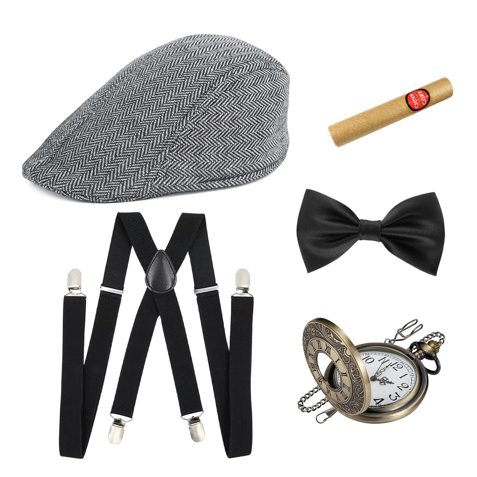 FVBKCOT 5 Pieces 1920s Mens Gatsby Costume Kit, Retro Gangster Fancy Dress Set, Vintage Gentleman Accessories Include Hat Bow Tie Suspenders Watch Cigar, For Roaring 20s Themed Party