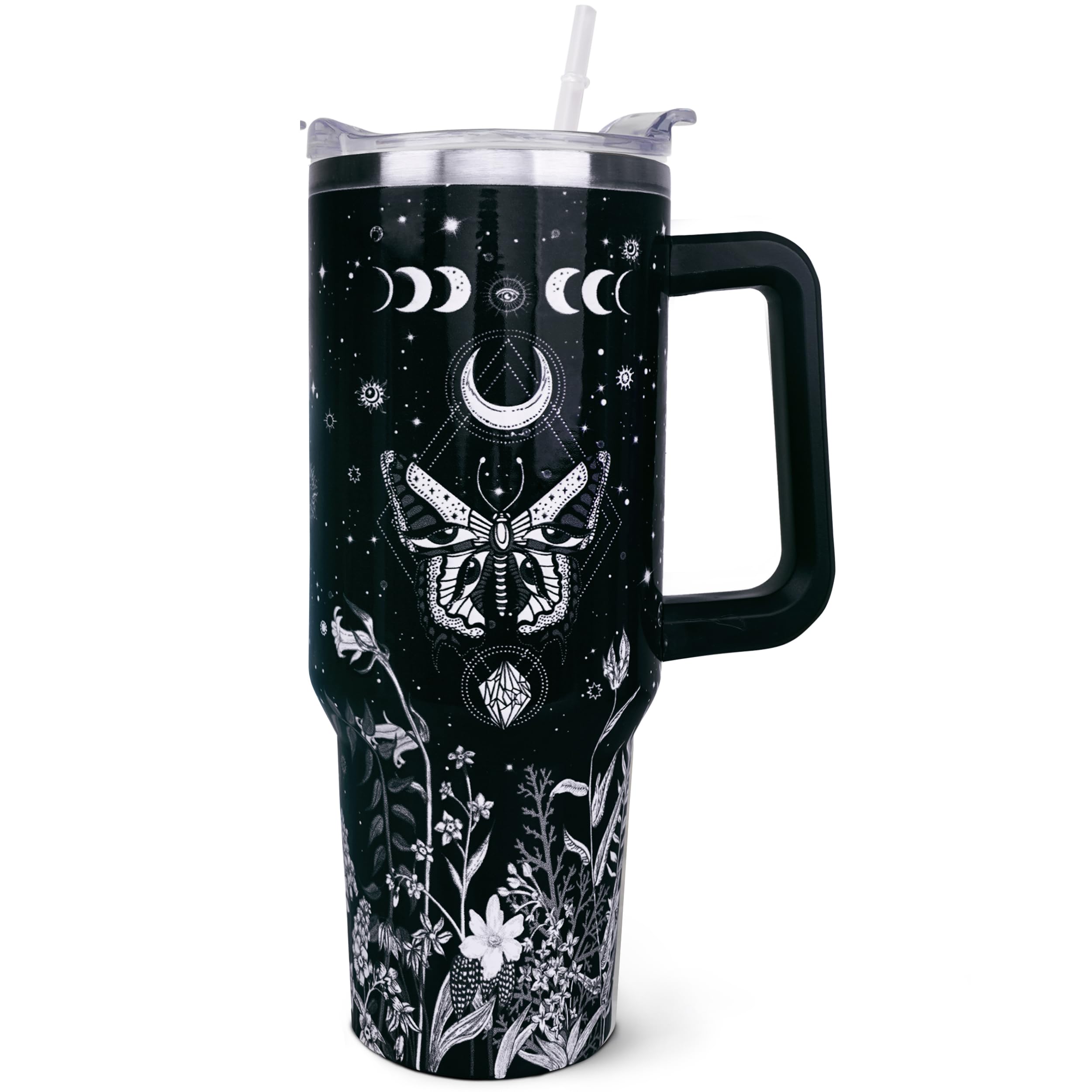 ZNYYZYBA 40 oz Goth Tumbler with Handle and Straw, Goth Gifts for Women, Reusable Stainless Steel Gothic Tumbler Leak Proof, Halloween Travel Coffee