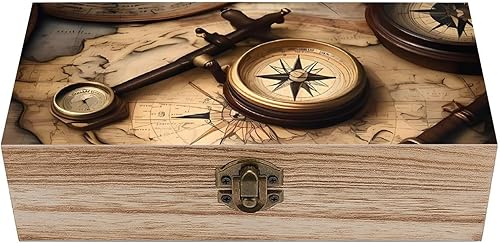 Caja de almacenamiento de madera con brújula y mapa del viejo mundo, elegante joyero retro con tapa con bisagras, cajas decorativas de recuerdos,