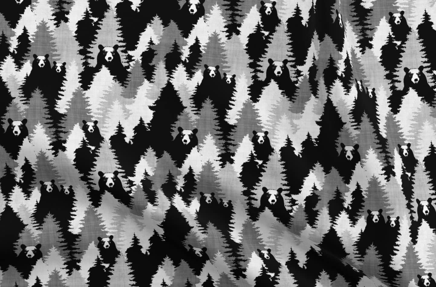 Spoonflower Fabric - Bear Camo Black White Bears Woodland Trees Camouflage Pine Tree Printed on Upholstery Velvet Fabric Fat Quarter - Upholstery Home Decor Bottomweight Apparel