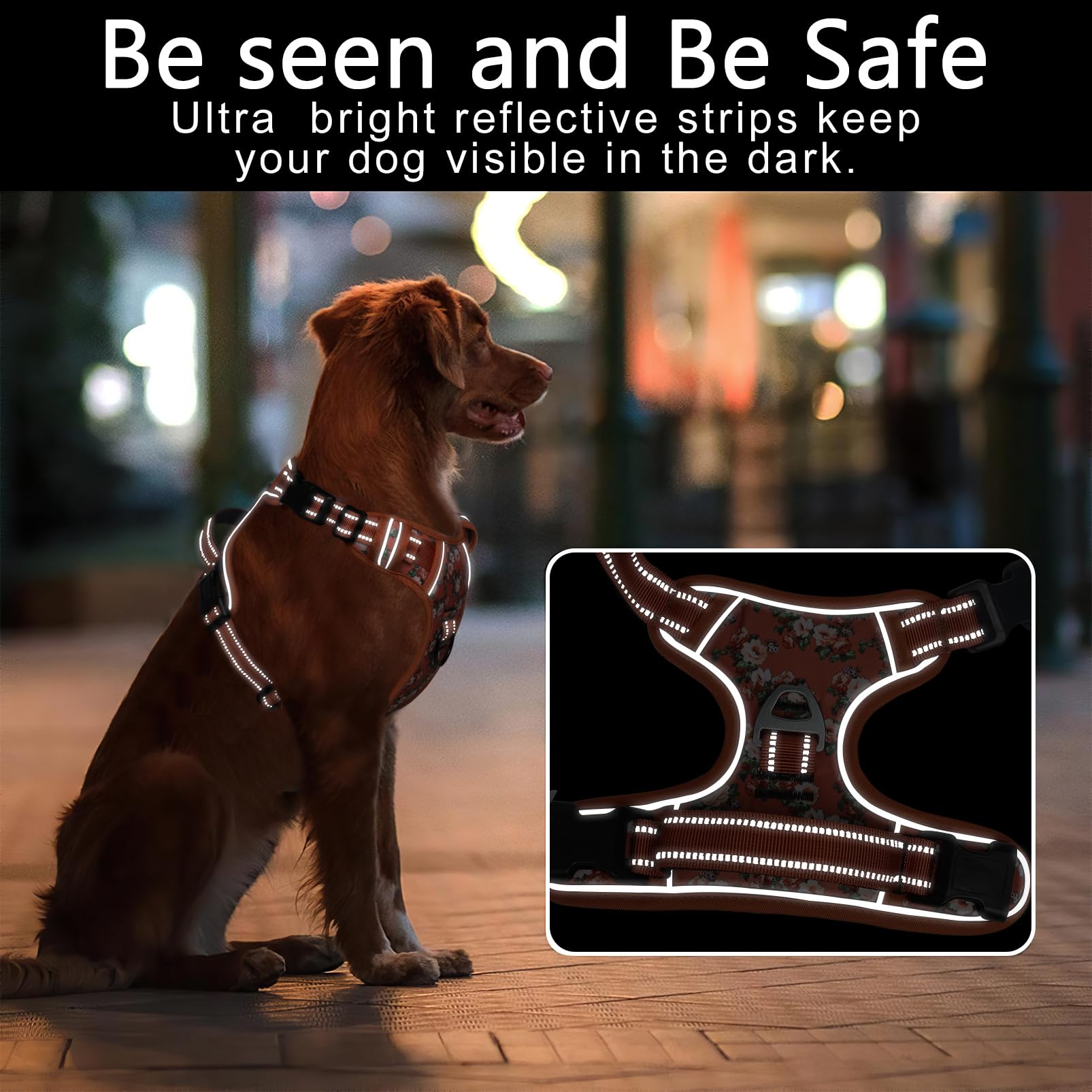 HEELE Pettorina Cane, Imbracatura Sganciata Rapido dal Collo, Pettorina Anti-tiro Riflettente e Regolabile con Maniglia Comoda, Morbida e Imbottita per Cani Piccola Media Grande, Floral-Arancione M