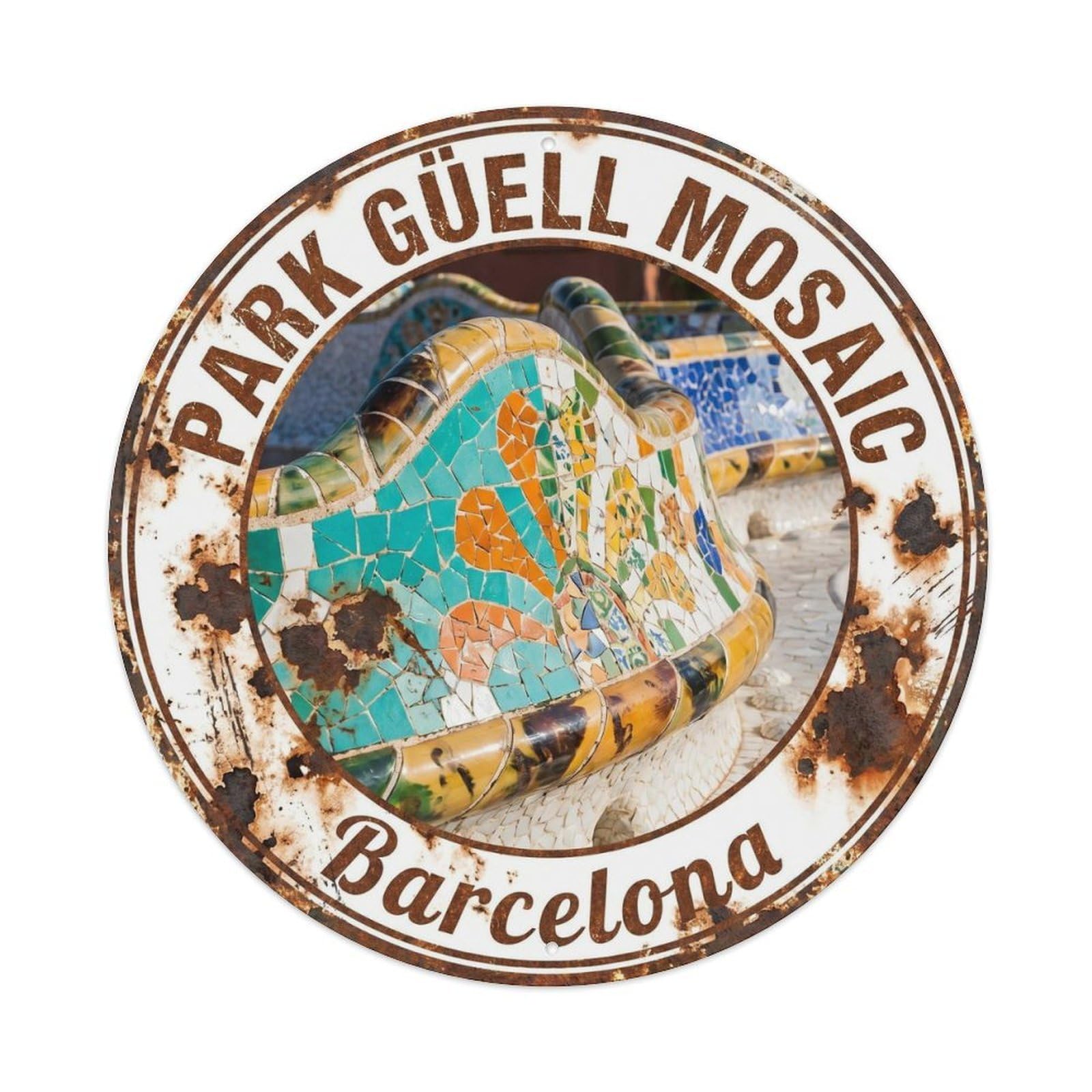 Catalan Mosaic Park Barcelona Vintage Heritage Travel Metal Tin Sign Plaque Wall Decor for Cafe, Man Cave, Club Bar, Office, Home Garden Round Metal Poster 8x8Inch