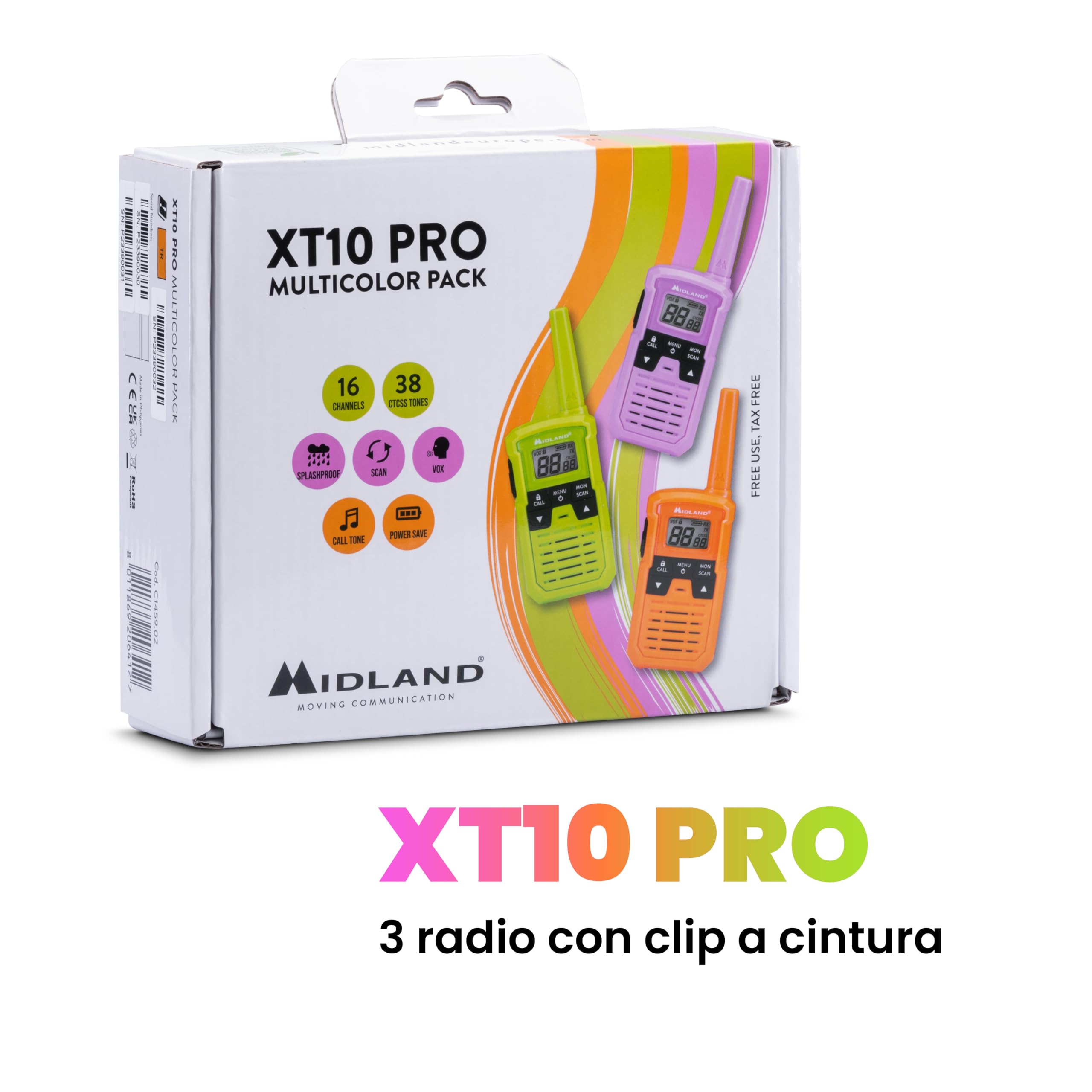 Midland - Walkie Talkie per Famiglie XT10 PRO Multicolor, 3 Radio Ricetrasmittenti per Esterno e Famiglia - 16 Canali PMR446 Senza Licenza, 20H/4km, 38 Toni CTCSS, VOX, SCAN, Call, Batterie AAA