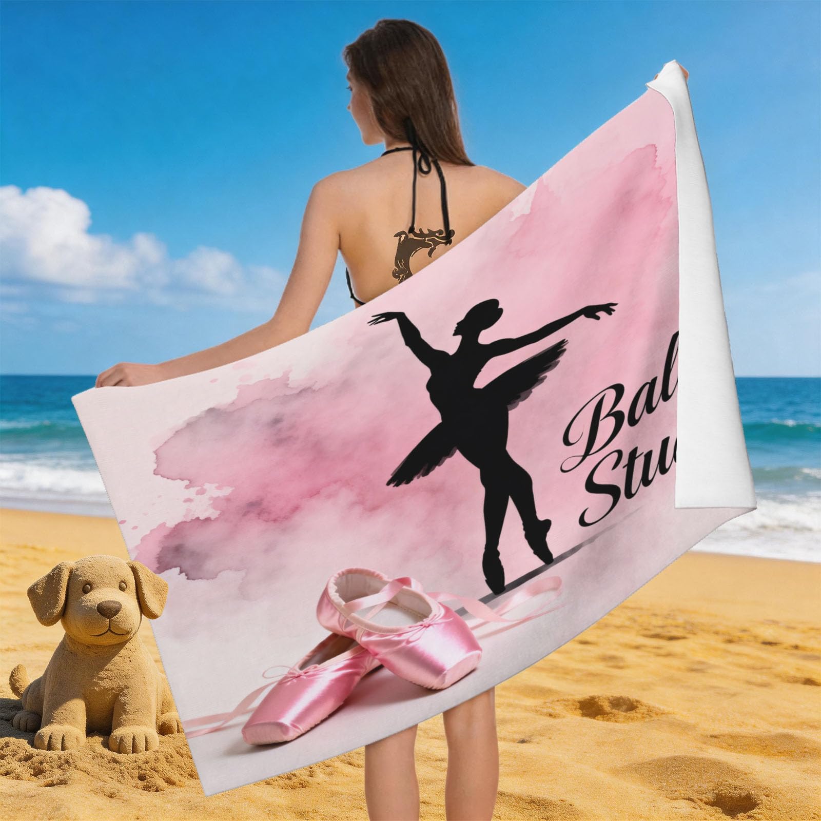 Leichong 3D Ballet Silhouette Beach Towel Large Microfiber Soft Quick Dry for Adults, Dancing Bath Towel Lightweight Soft Absorbent for Travel Swimming Pool Sports, 80 x 160 cm