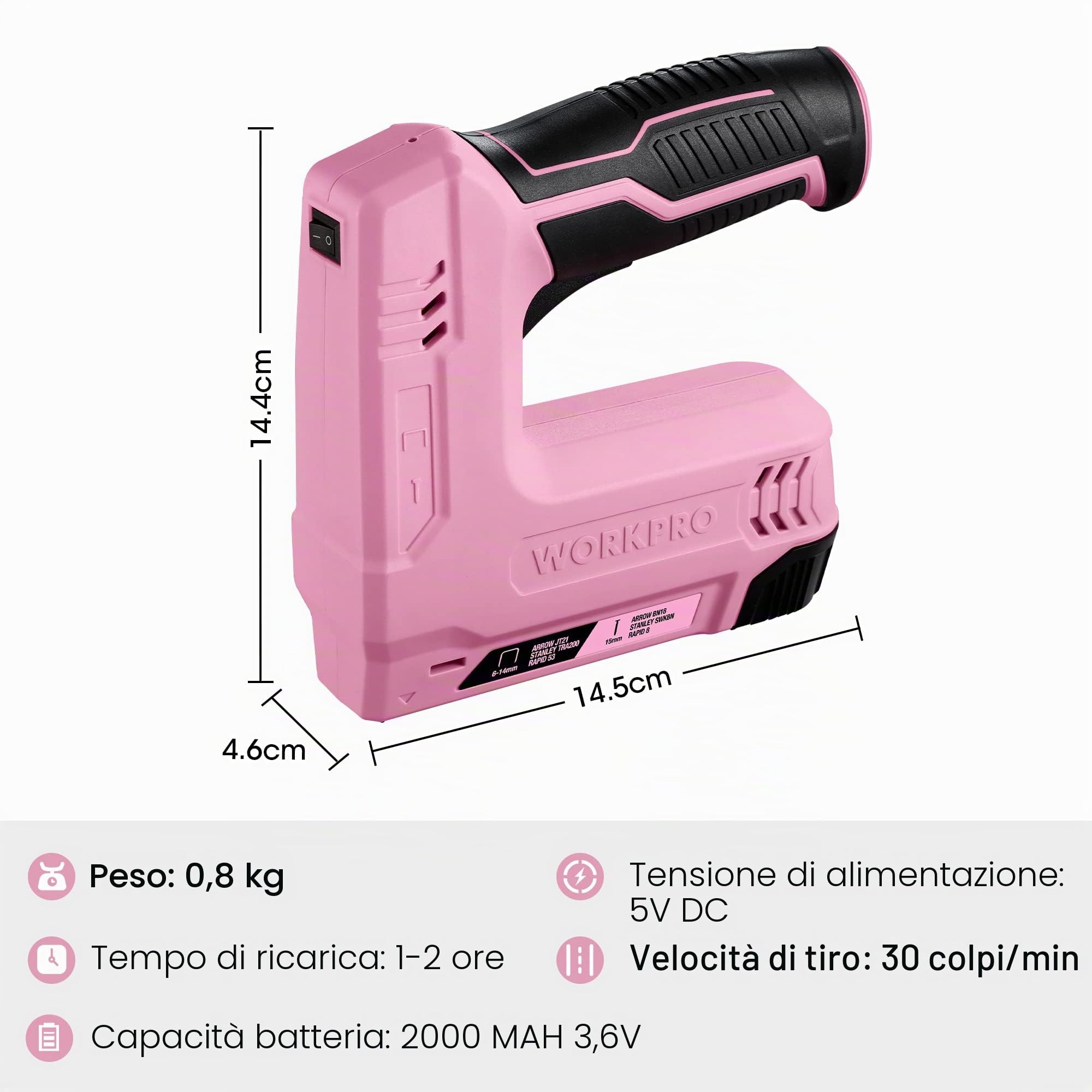 WORKPRO Cucitrice senza fili 3,6 V 2000 mAh con 2000 graffette, pinzatrice multifunzione 2 in 1, compatibile con chiodi e graffette tipo 53, 8 per progetti fai da te in arredamento, falegnameria(rosa)