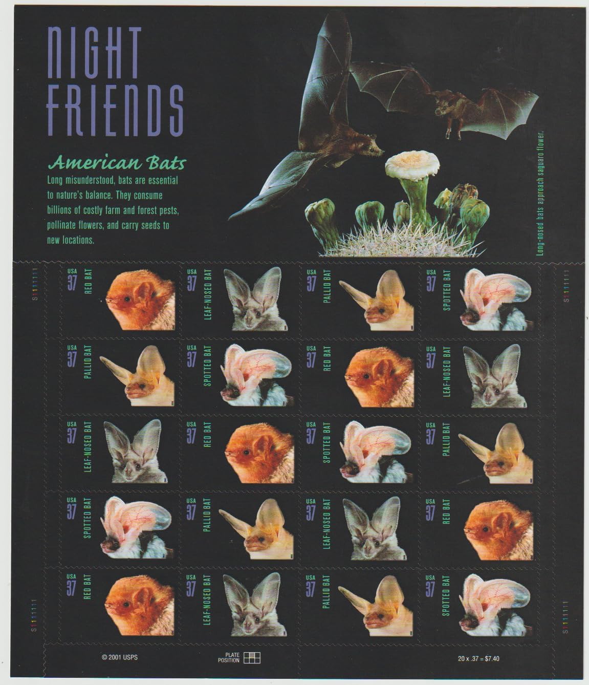 United States Postal Service Night Friends American Bats Sheet of Twenty 37 Cent Stamps Scott 3661-64