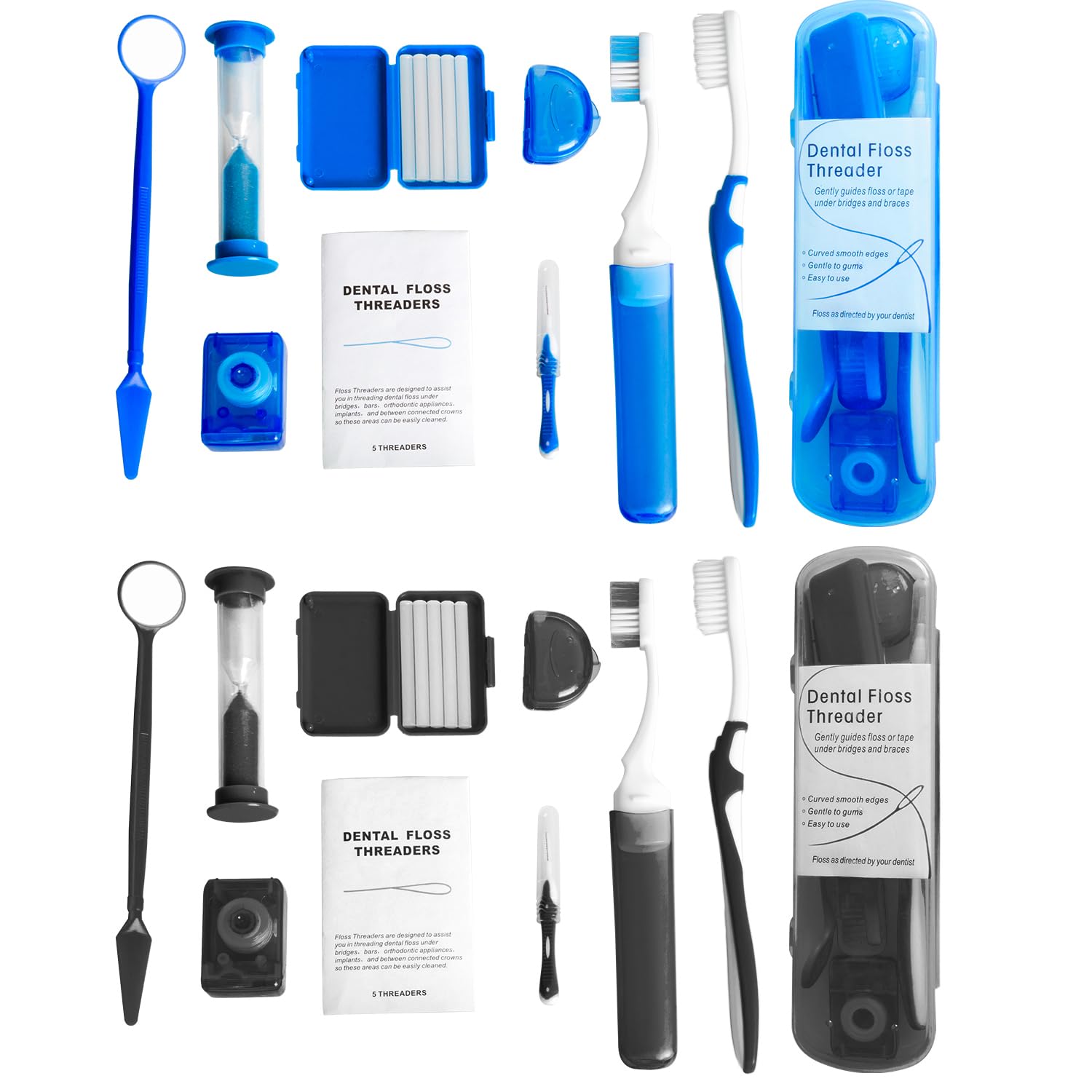 Wenge Portable Orthodontic Oral Care Kit - 2Pack - Travel Kit for Patients, Interdental Brushing Wax Floss Toothbrush Cleaning (Blue_Black)