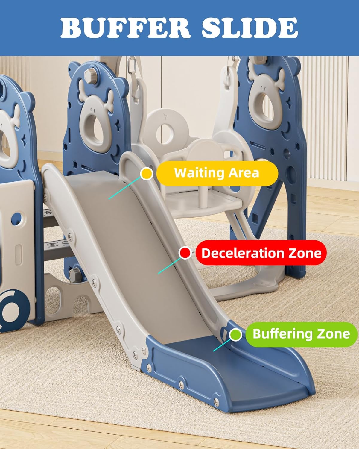 Toddler Slide and Swing Set, Bus Themed Kids Slide with Climber, Indoor Outdoor Playset for Toddlers Age 1-3, Blue