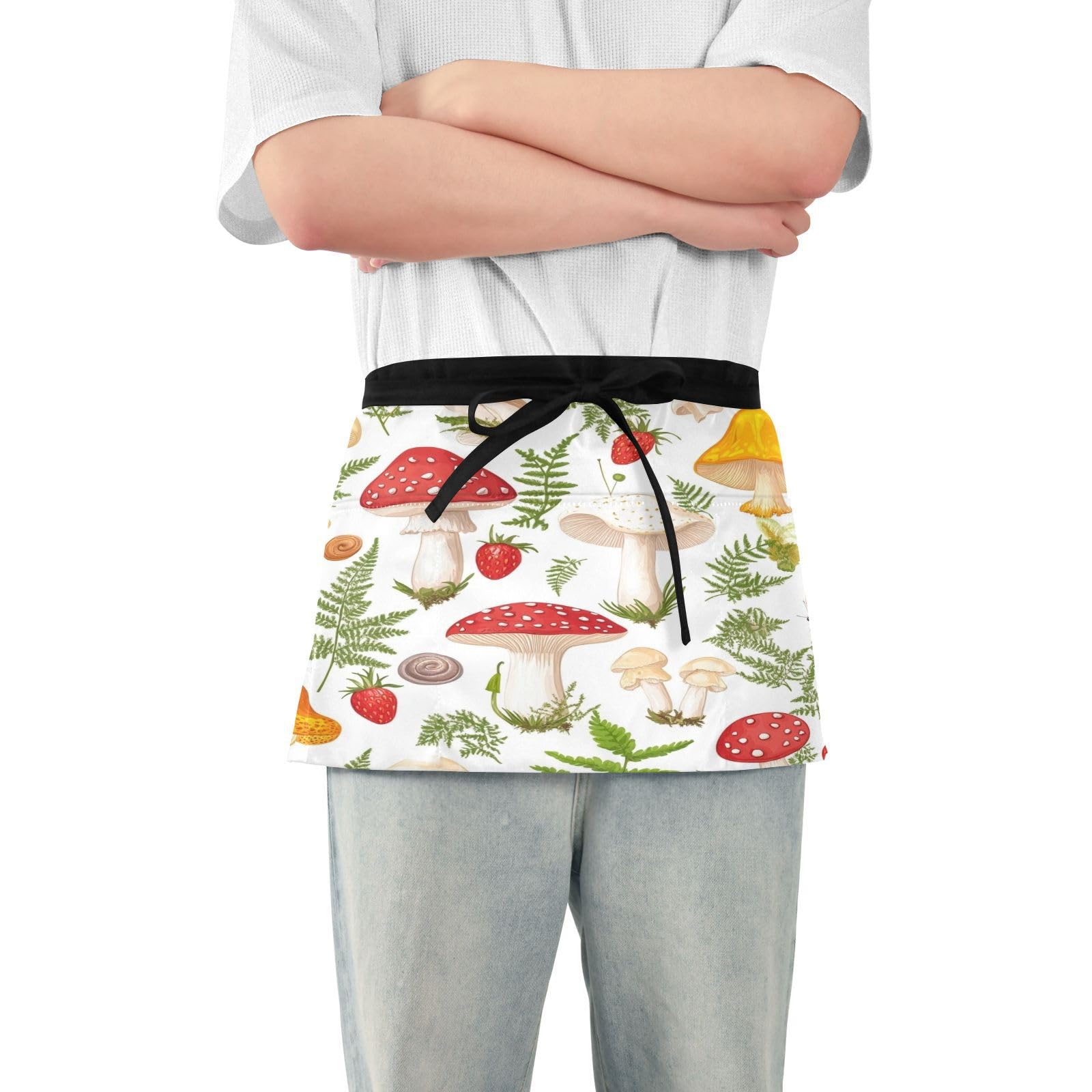 Kigai Mushroom Strawberry Server Aprons for Men Women Water & Oil Resistant Waitress Waiter Waist Apron with 3 Pockets