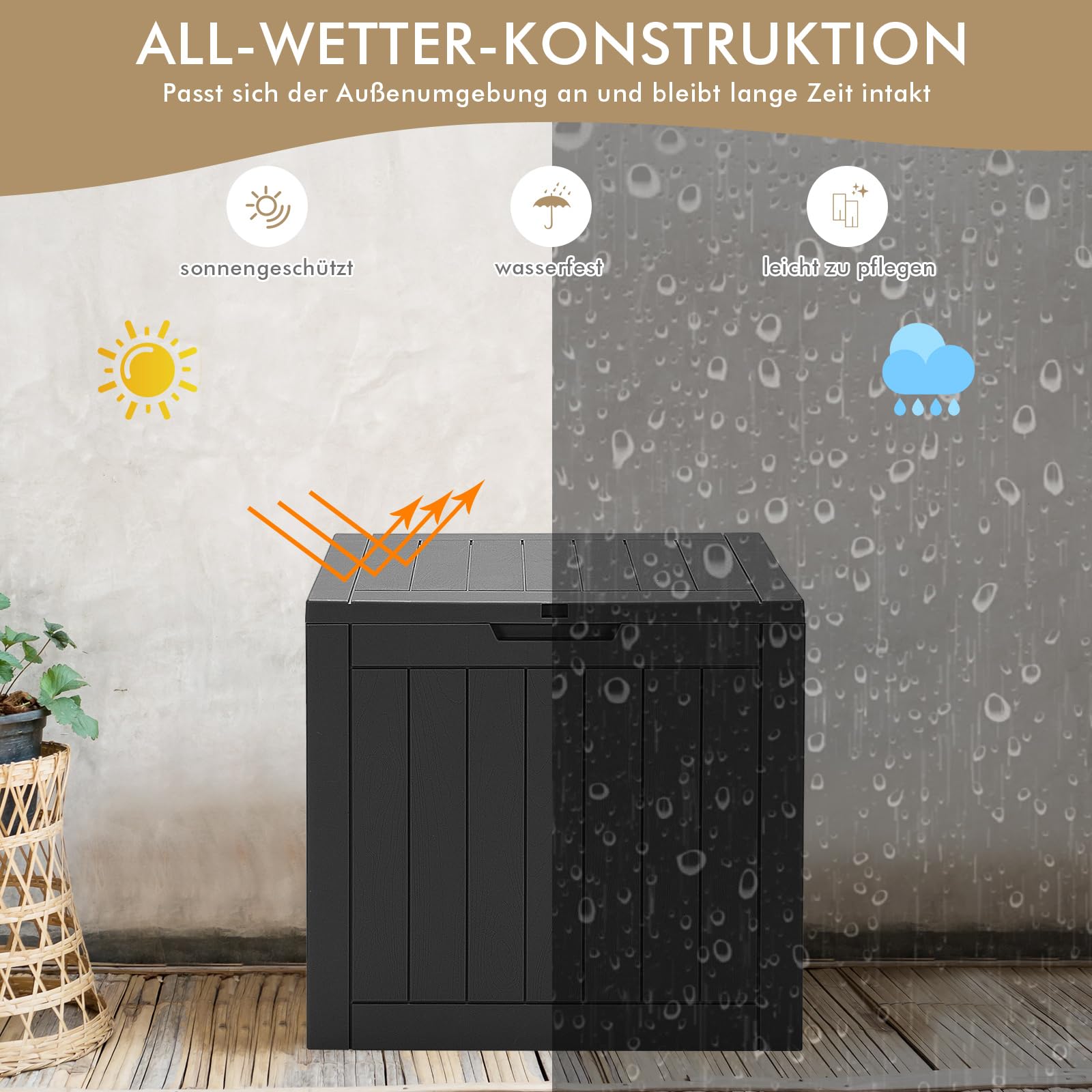 COSTWAY Auflagenbox mit 114 Liter Kapazität, Allwetter-Kissenbox, Aufbewahrungsbox abschließbar, Gartenbox für Kissen, Werkzeuge & Poolzubehör, 56 x 43 x 53 cm (Schwarz)
