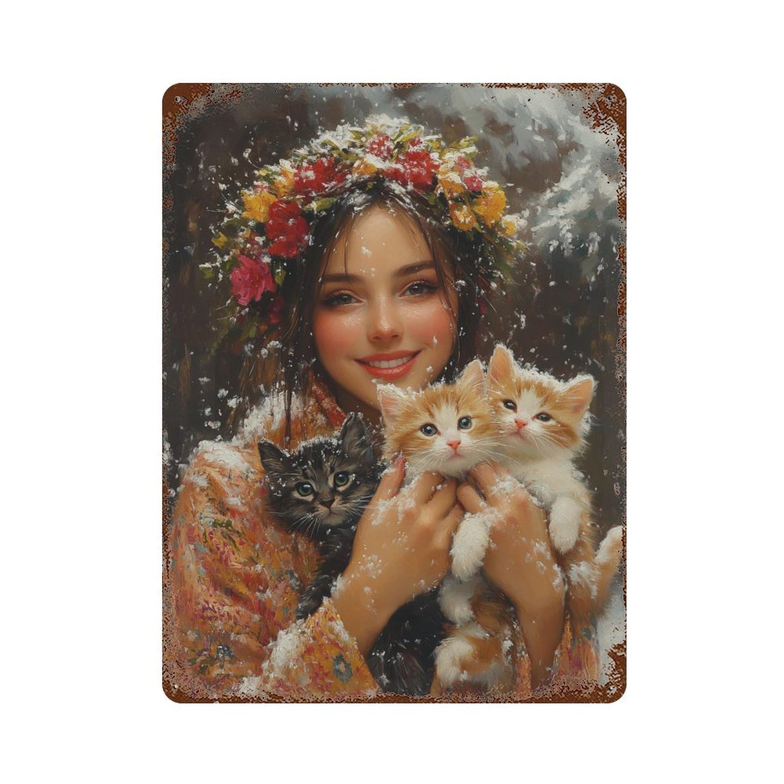 Rust Effect Winter Floral Crown with Kittens Rustic Tin Plaque 15.7"x11.8", Shabby Chic Decor for Basement, Hobby Room And Garage Decor