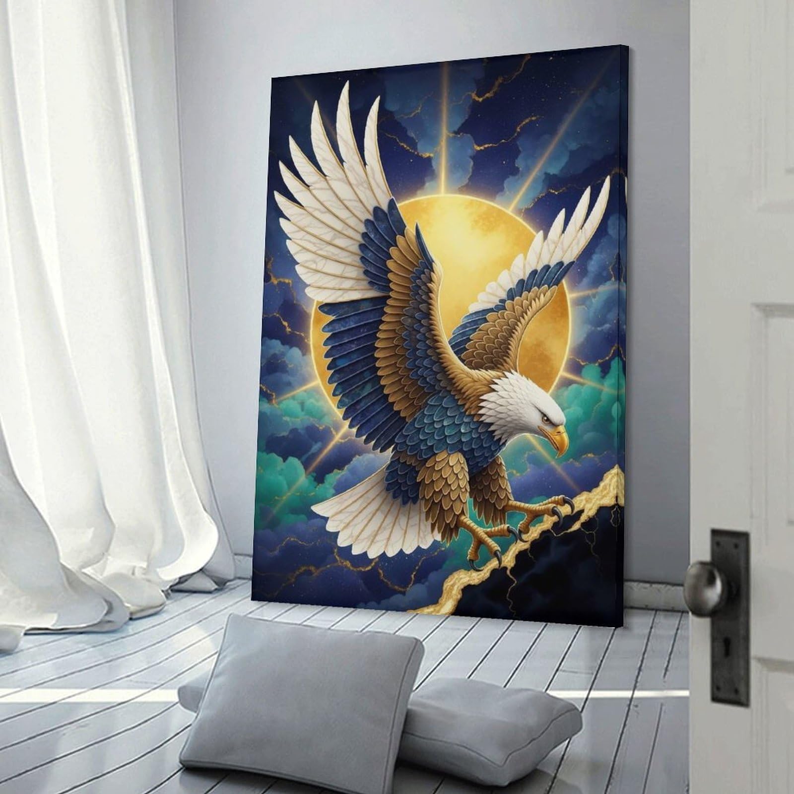 Junmoney Frame-Style-12 Golden Sun Eagle Home Decor Wall Art 16X24inch(40X60cm), For Lounge, Study, Hallway Or Flat Walls, Stylish Home Artwork For Focal Walls