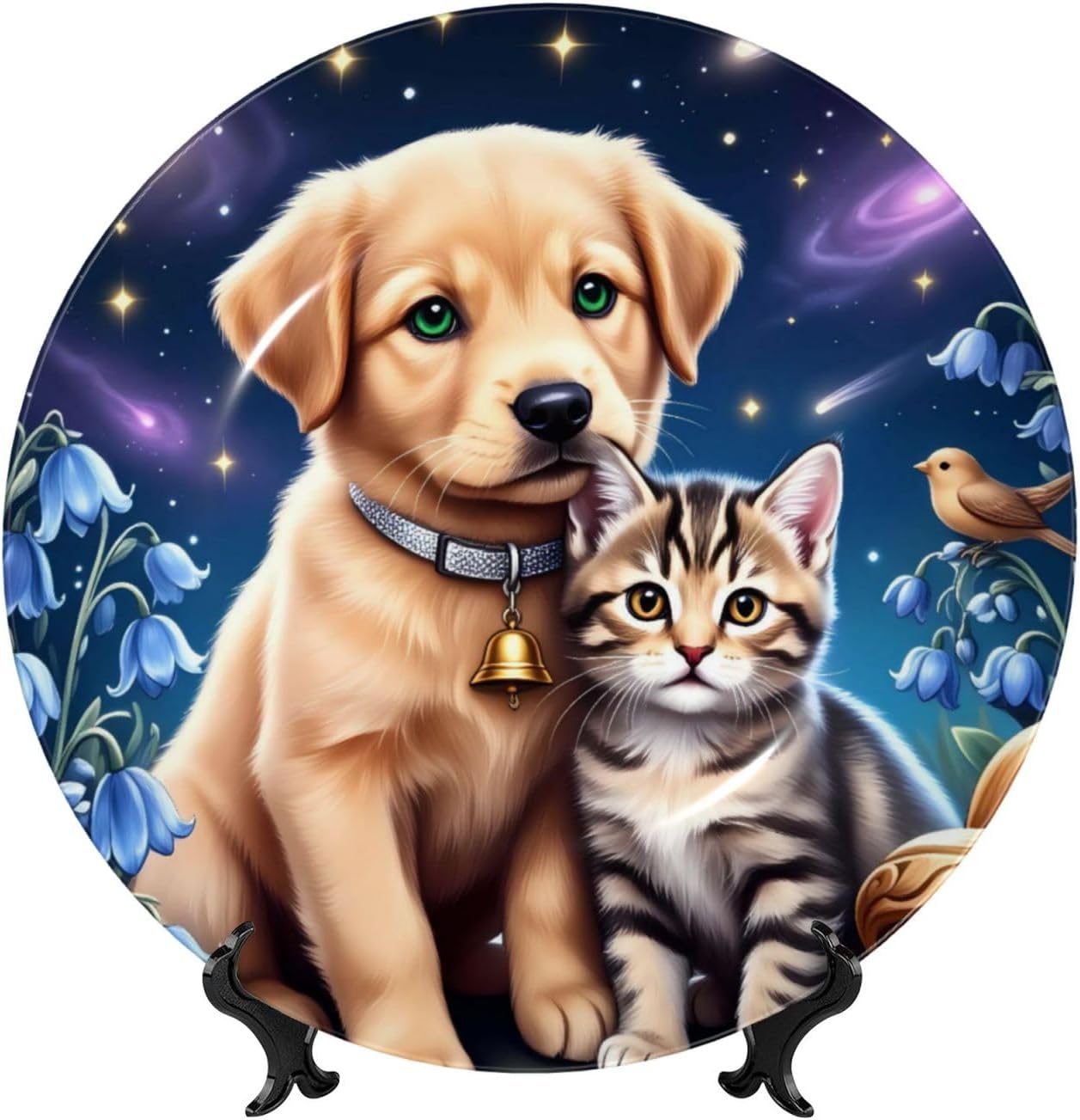 Cute Puppy And Kitten Together Style Ceramic Plate Display Decorative Plate With Stand Wall Hanging Plate For Home Decor 10 Inch