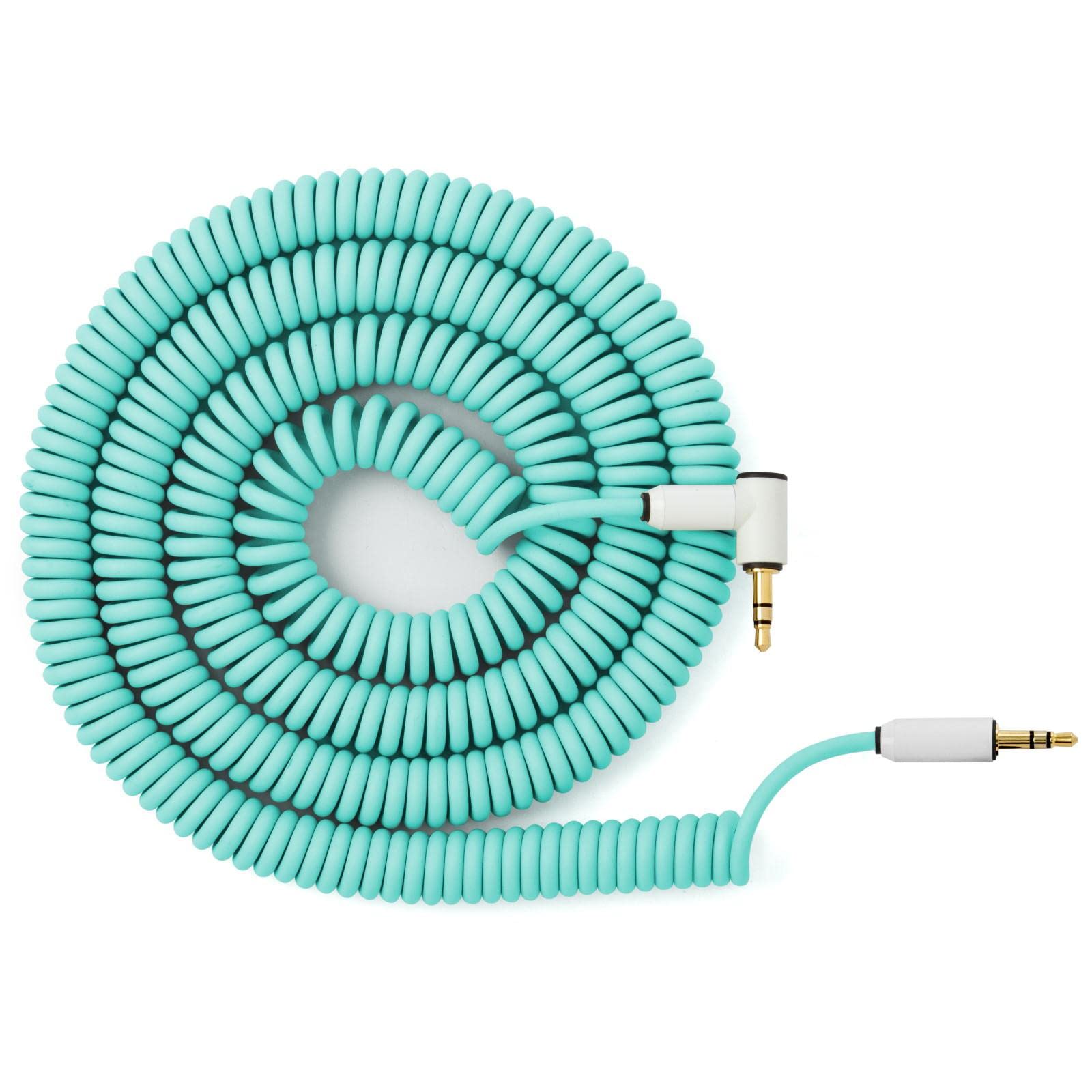 MyVolts Candycord Audio Cable, Straight mini Jack to Angled mini Jack, Curly 100cm to 200cm, Mint Green Colour, Perfect for Microfreak, Korg Volca,