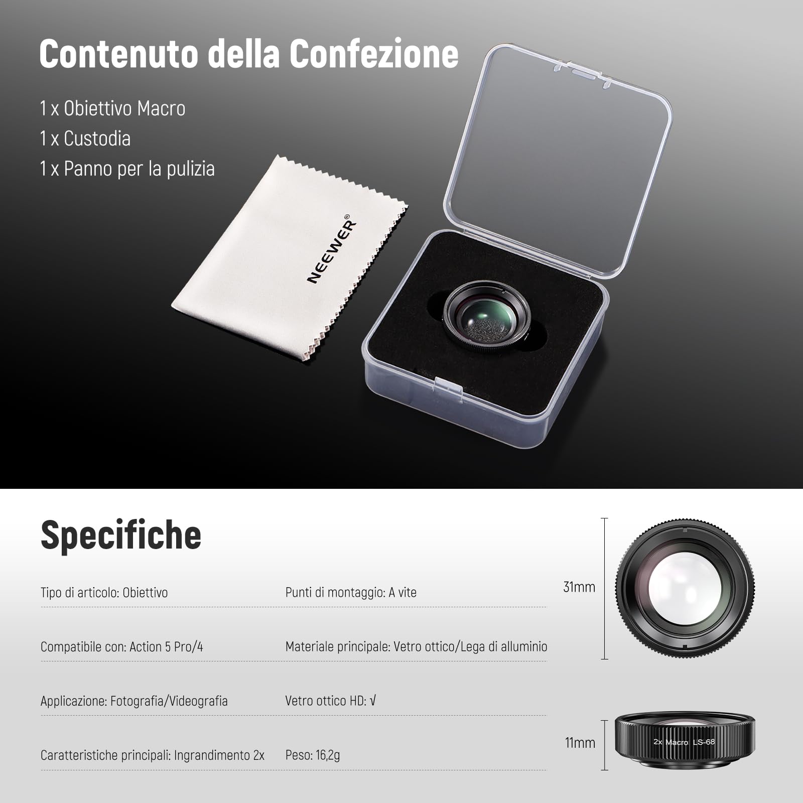 NEEWER Obiettivo Macro Compatibile con DJI Osmo Nano/Action 5 Pro/4, Ingrandimento 2X, 2 Elementi in 1 Gruppo Distanza Focale 3-4cm, Accessori per Fotografia Ravvicinata, Non Impermeabile, LS-68