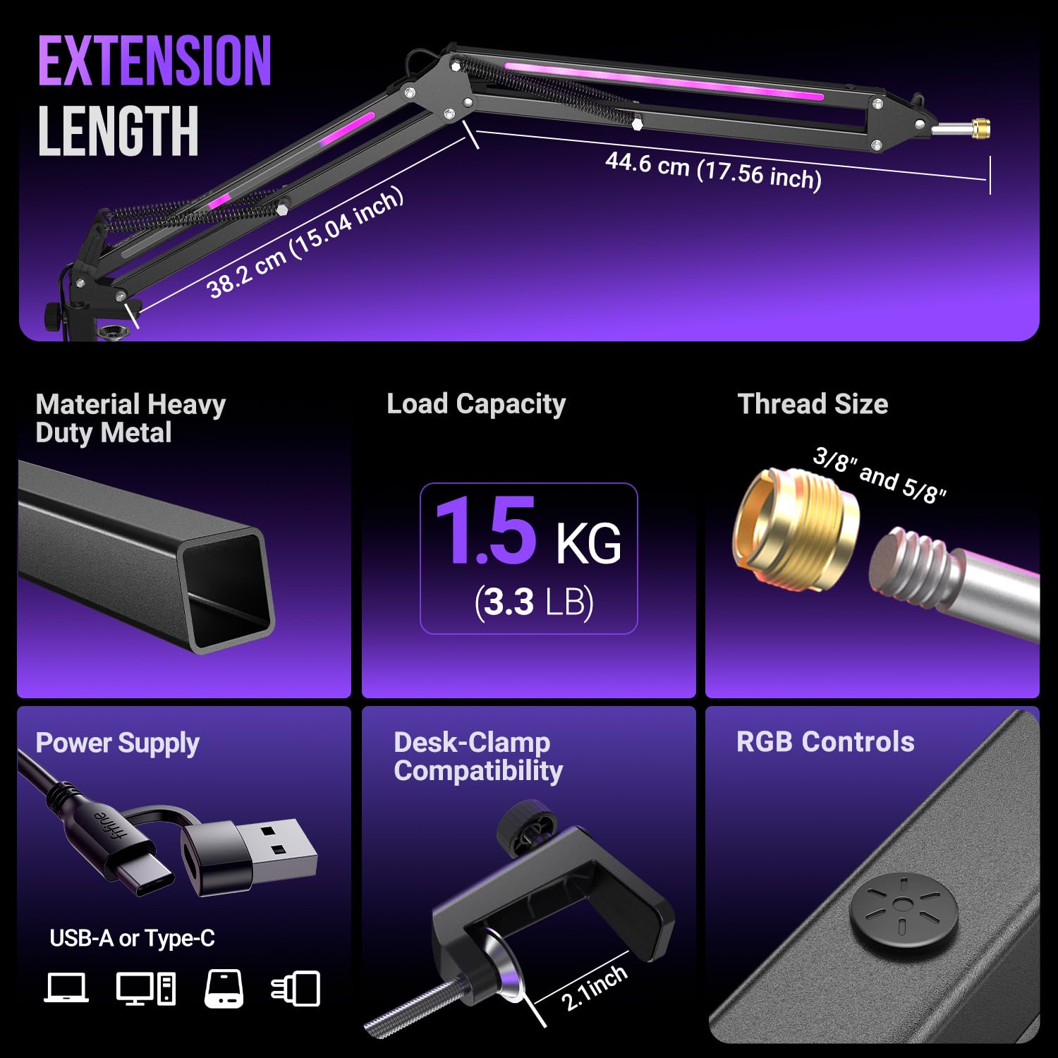 FIFINE Brazo para micrófono, soporte de brazo de micrófono de metal con control RGB, adaptador de tornillo de 3/8 a 5/8 pulgadas, abrazadera de montaje en escritorio, soporte de micrófono de tijera de