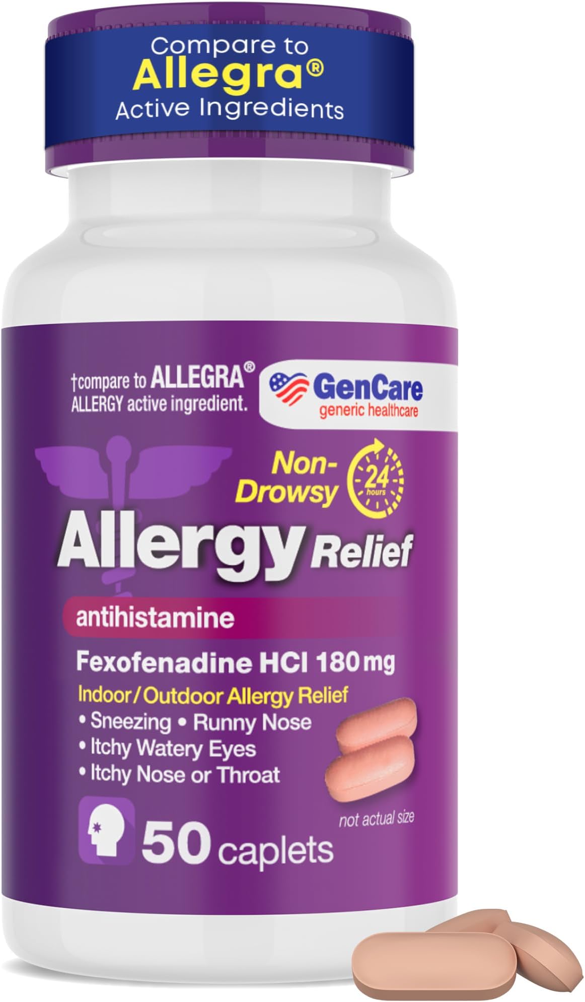 GenCare - Allergy Relief Pills | Fexofenadine HCl 180mg 50 Tablets | Non Drowsy Antihistamine Allergy Pills for Hay Fever, Seasonal Allergies, Outdoor & Indoor Allergies | Relieves Itchy Eyes & Nose