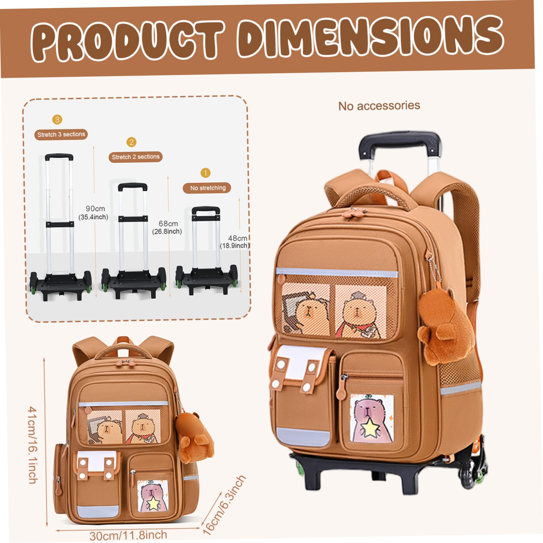 Zaino Trolley con 6 Ruote Zaino Capibara di Capacità con Maniglia Retrattile Borsa da Scuola Impermeabile per Cartoni Animati Cinghia Riflettente per Bambini Ragazzi Ragazze Studenti, Decorazi