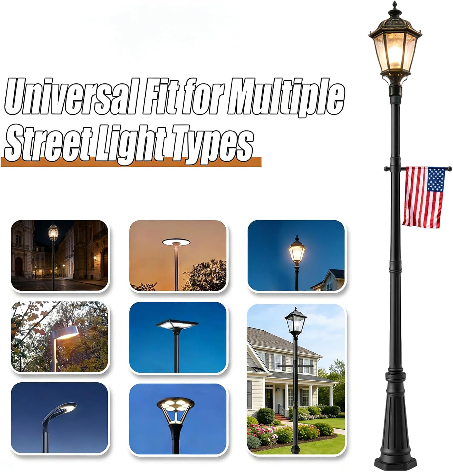 76" Black Cast Aluminum Street Light Pole, 4-Section Adjustable Lamp Post with Crossbars & 3" Universal Adapter Cap For Outdoor Porch, Patio, Yard, Garden, Driveway (Light Not Included)