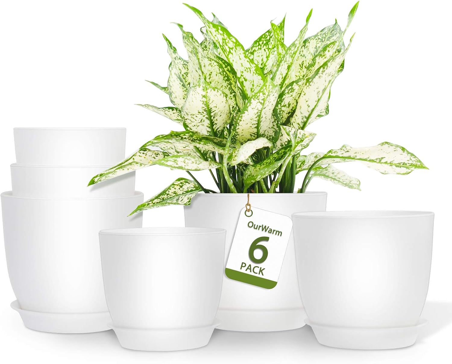 OurWarm 6 Plastic Planter Pots, 6.2/5.5/4.9Inch Flower Pot Indoor White Plant Pots Modern Decorative Plastic Pots for Plants with Drainage Hole and Tray for House Plants, Succulents, Flowers & Cactus