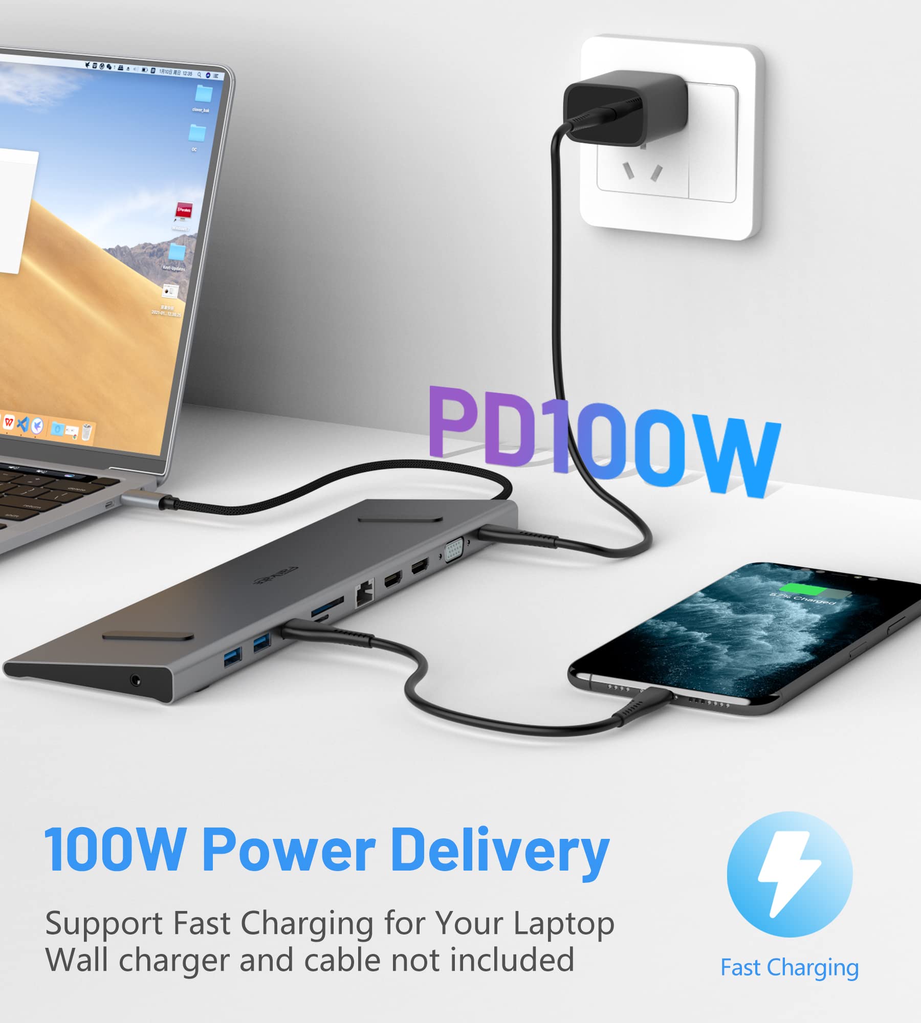 Stacja dokująca USB C, podwójny ekran, koncentrator USB-C (11 w 1), przenośna stacja dokująca, wieloportowy adapter USB C Hub z 100 W PD, HDMI 4K, VAG, 3.0 USB, port Ethernet, SD/FT, audio dla