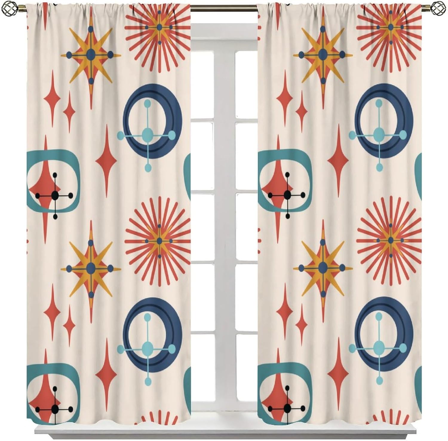 Retro 50s Curtains, Mid Century Modern Geometric Stars Pattern Blackout Window Treatments, Rod Pocket Thermal Insulated Drapes 2 Panel Sets for Bedroom Living Room, 52" W X 84" L