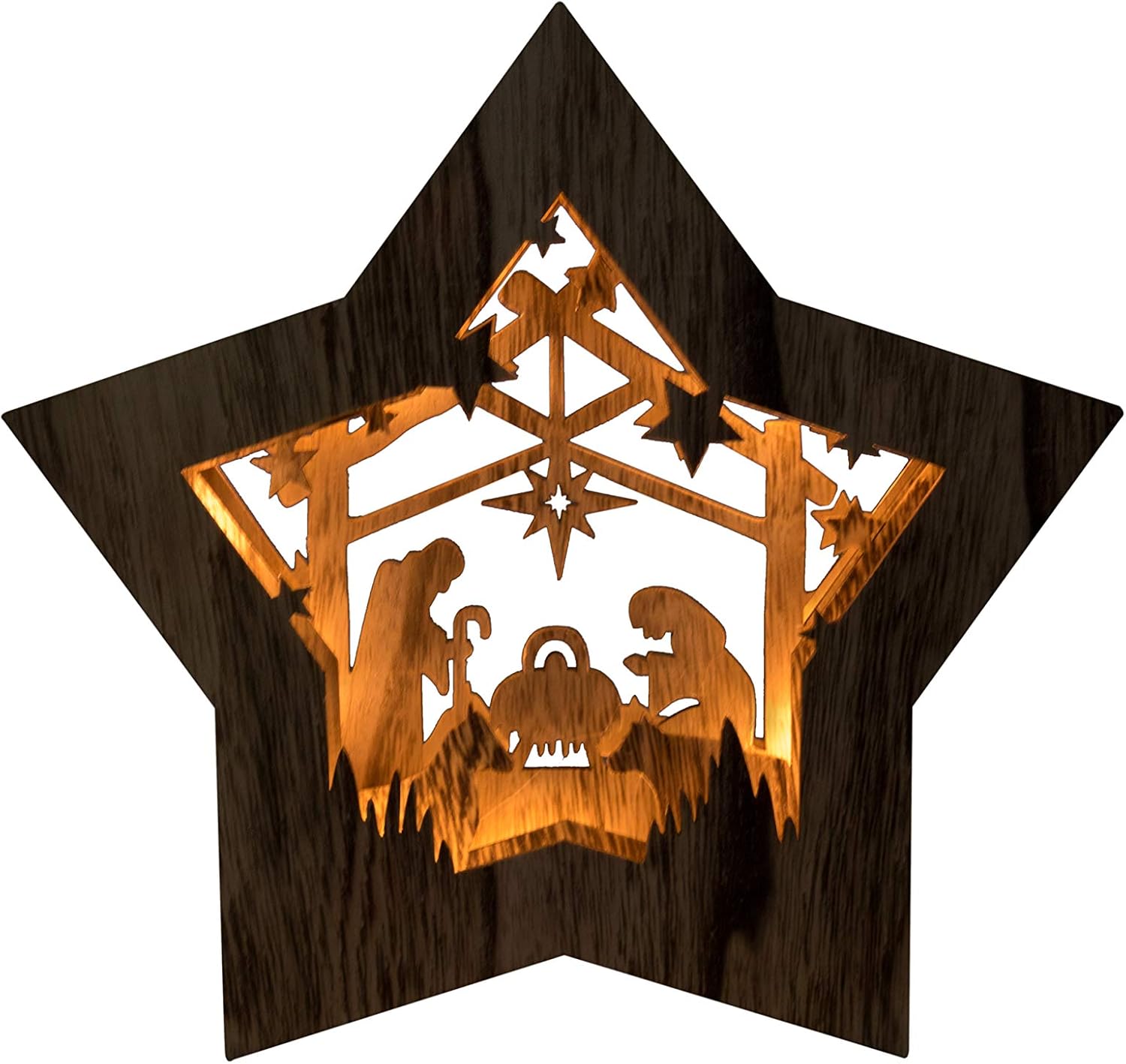 Clever Creations Wooden Star Shaped Nativity Scene Christmas Ornament, Festive LED Holiday Décor for Shelves and Tables, Brown