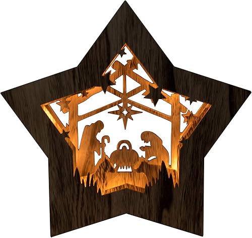Miniatura 2 de Clever Creations Adorno de Navidad grande de madera con forma de estrella, tamaño 14 x 14 pulgadas, decoración navideña LED festiva para estantes y