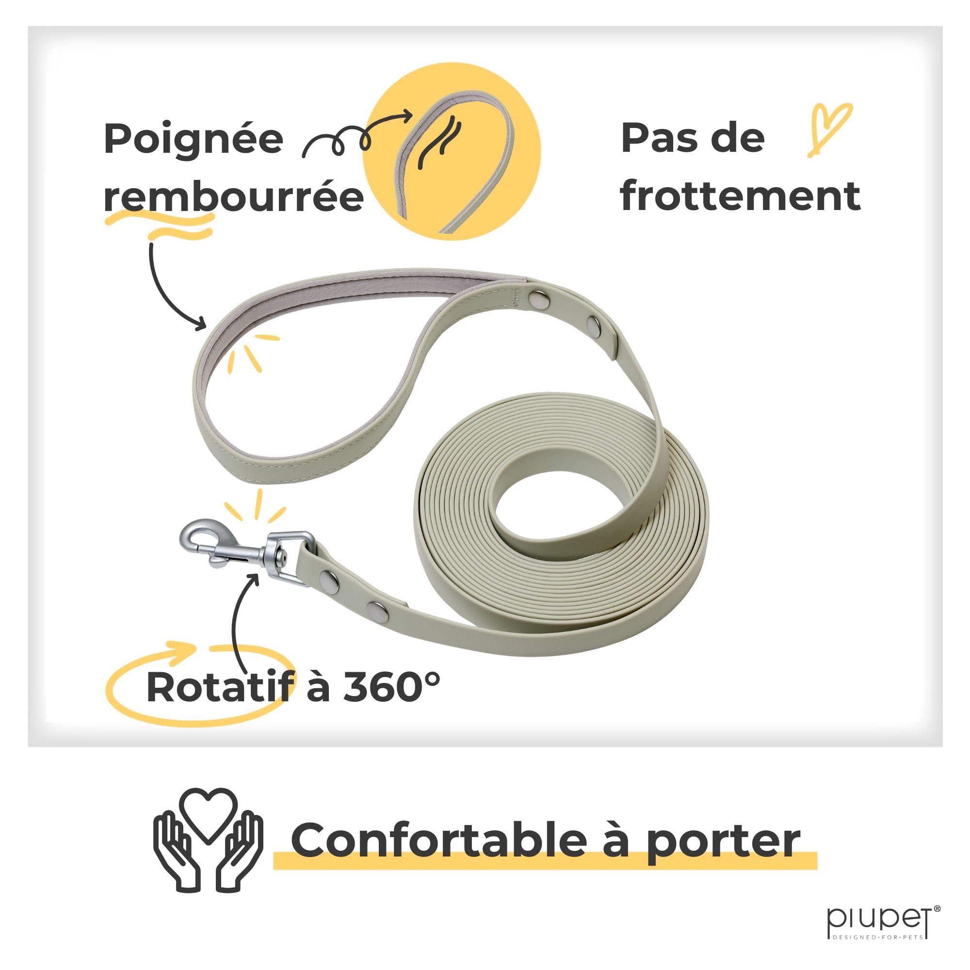 PiuPet® Longe pour Chien 5m, 10m, 20m - Laisse Hydrofuge de Remorquage pour Grand et Gros Chien - Accessoires - Gris