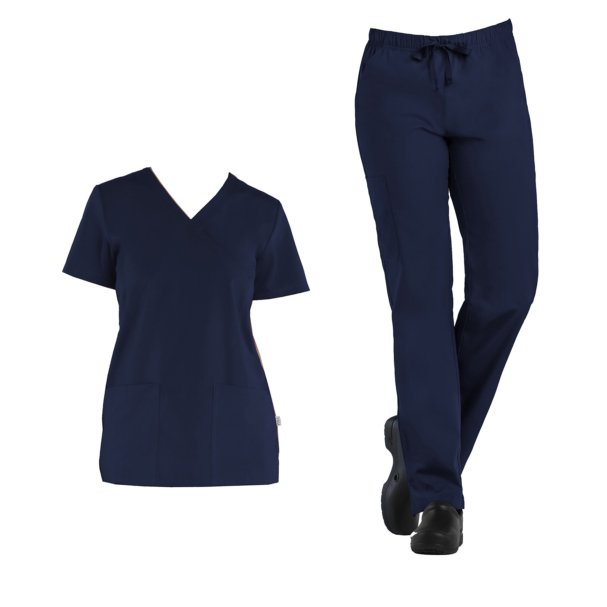 SFD Scrubs Womens Mock Wrap Top & Cargo Full Elastic Pant Scrubs Set (M, Navy)