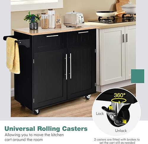 Miniatura 8 de SILKYDRY Isla de cocina con almacenamiento carrito de almacenamiento de cocina con estantes ajustables parte superior de madera de goma toallero