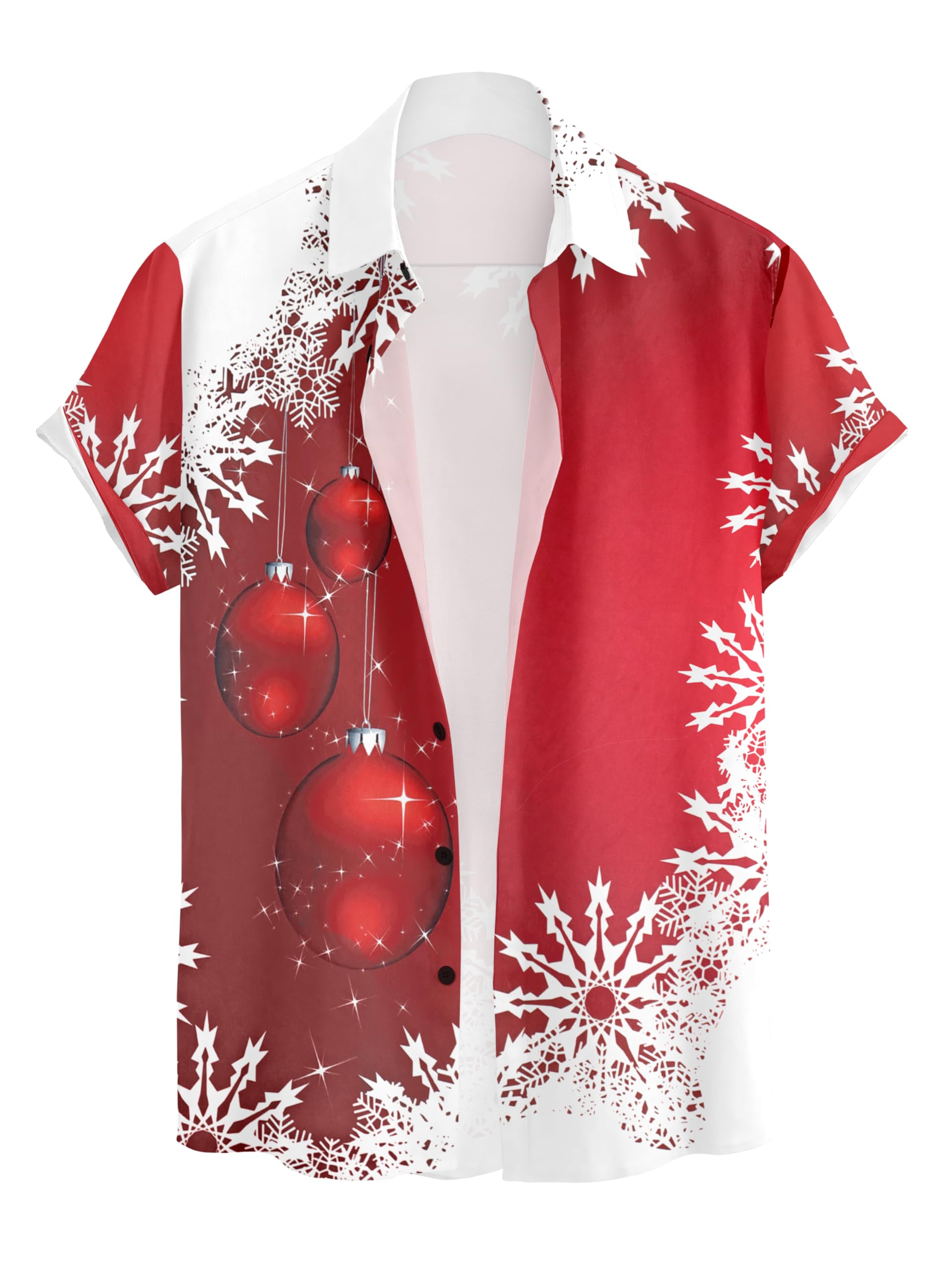 Men's Christmas Hawaiian Shirt, Red and White, Short Sleeve, Ornament and Snowflake Print, Holiday Theme (in, Alpha, L, Regular, RED)