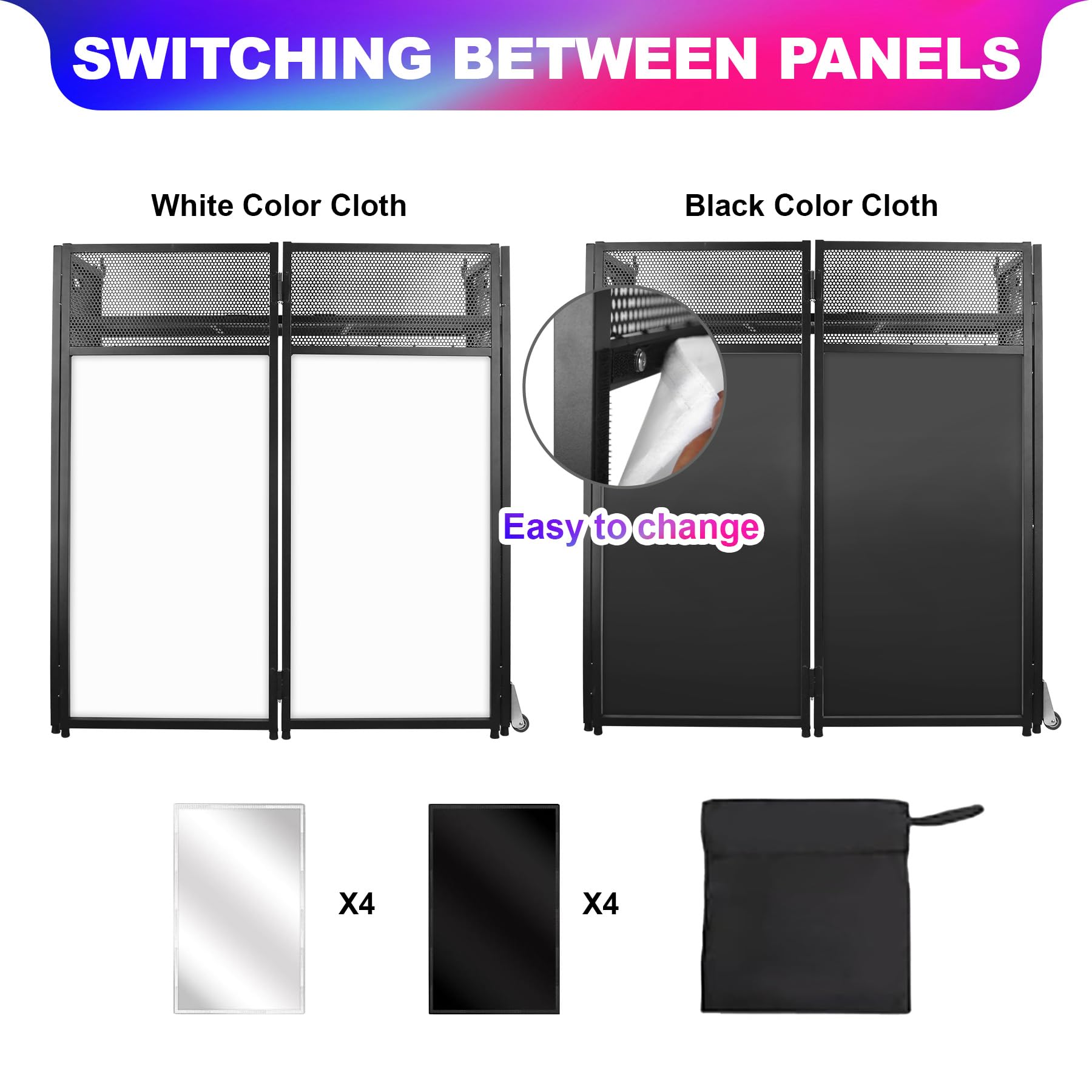 Sidasu Mesa de cabina de DJ de 40 x 20 pulgadas, portátil con iluminación en blanco y negro, panel plano de cabina de DJ, marco de metal negro