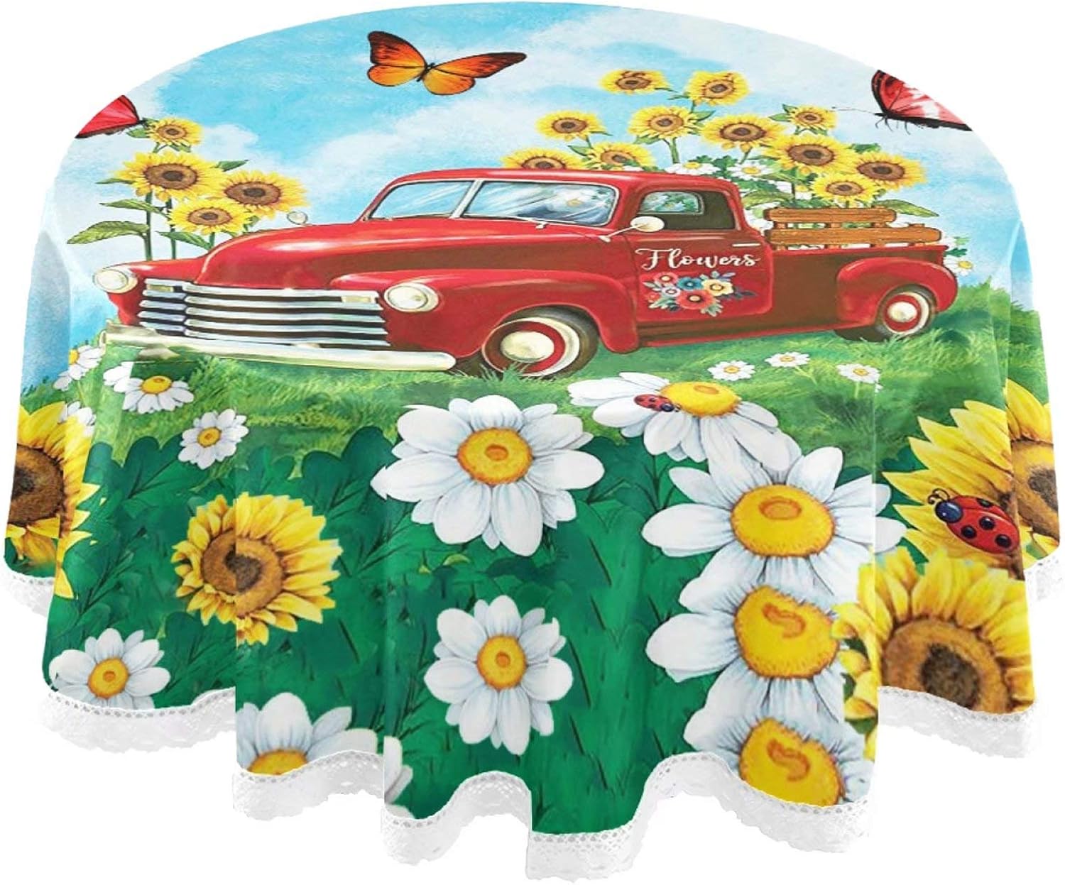 Pfrewn 春 花 トラック ラウンド テーブルクロス ひまわり デイジー バタフライ テーブルクロス カバー マット レース 洗