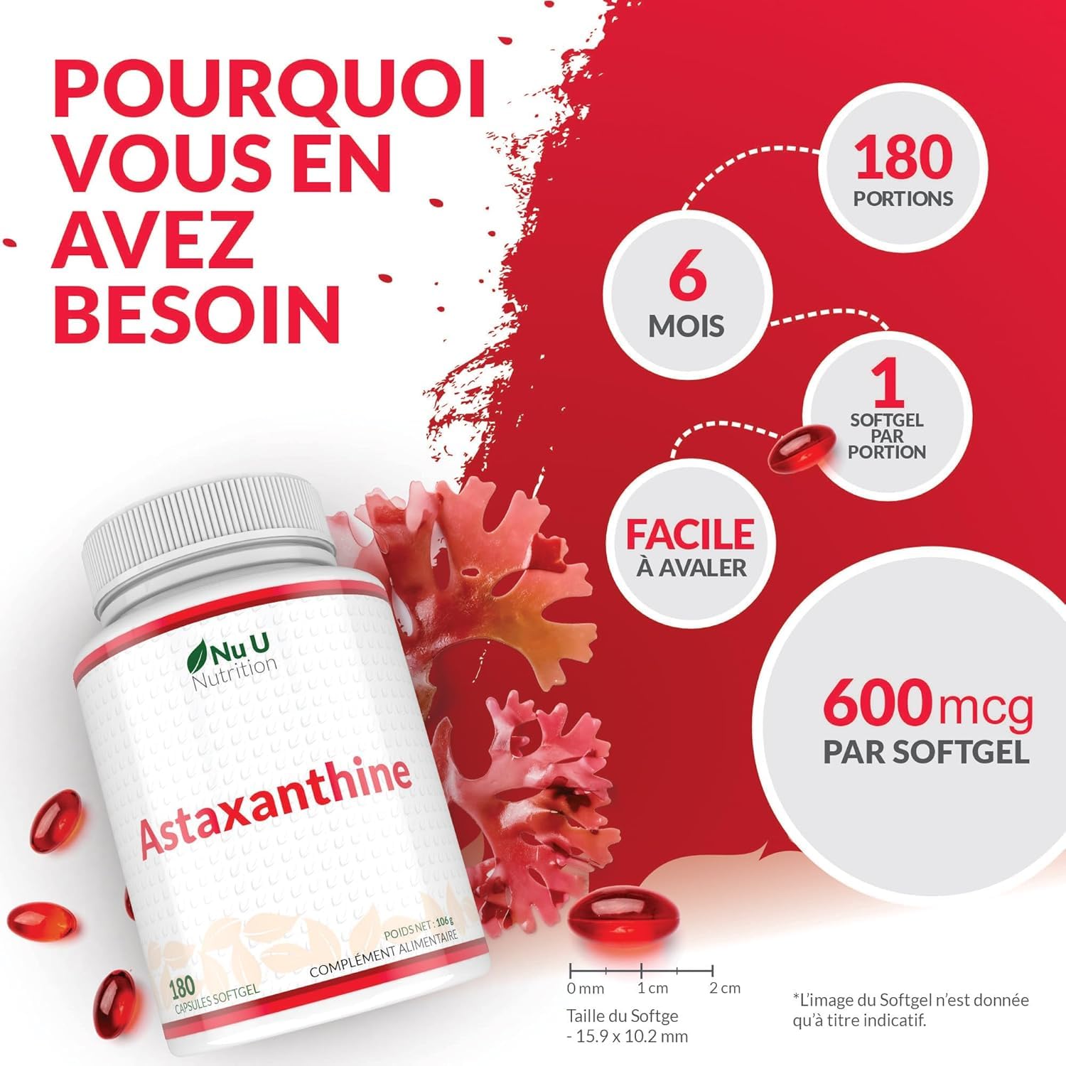 Astaxanthine 12mg - 180 Softgels de Forte Puissance - Approvisionnement 6 Mois - Supplément Antioxydant Puissant - Astaxanthine de Haematococcus Pluvialis Algae - Fabriqué en Europe - Nu U Nutrition